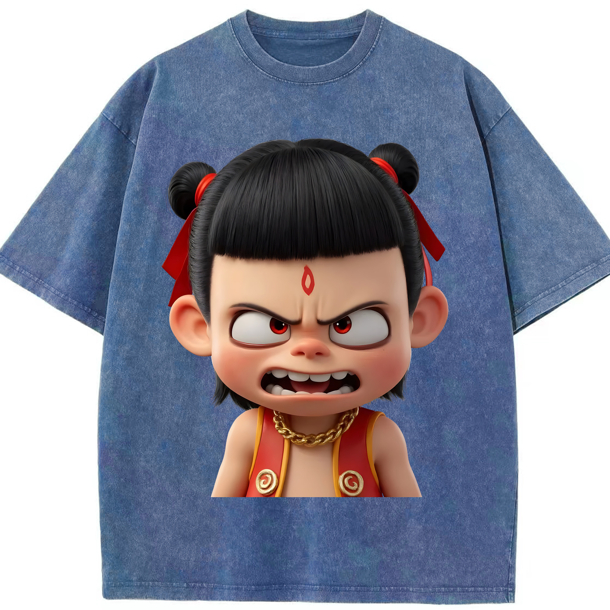 （画像用） Ne Zha 2 ナタ 魔童の大暴れ 綿100% ヴィンテージ風 半袖Tシャツ（フロントプリント）
