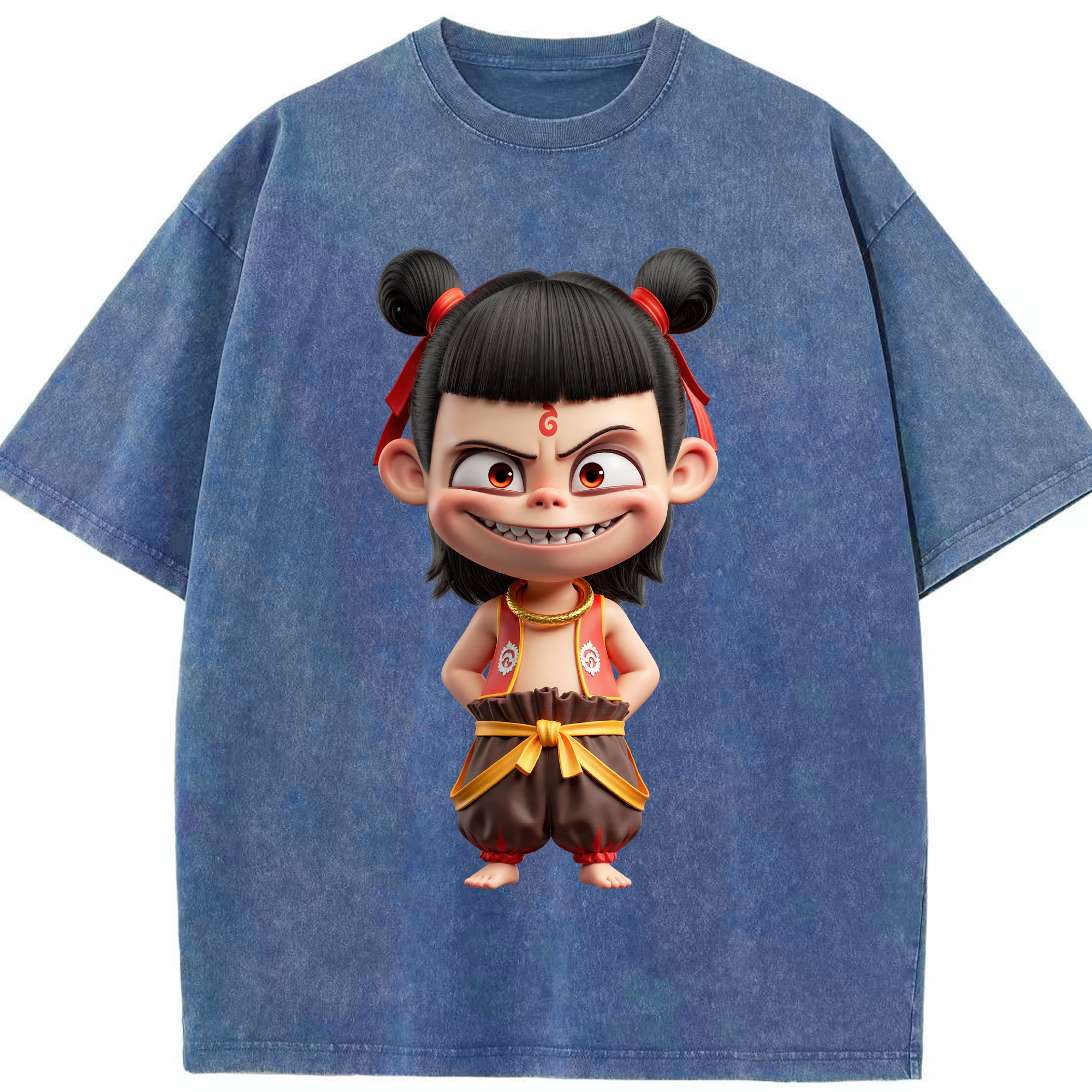 （画像用） Ne Zha 2 ナタ 魔童の大暴れ 綿100% ヴィンテージ風 半袖Tシャツ（フロントプリント）