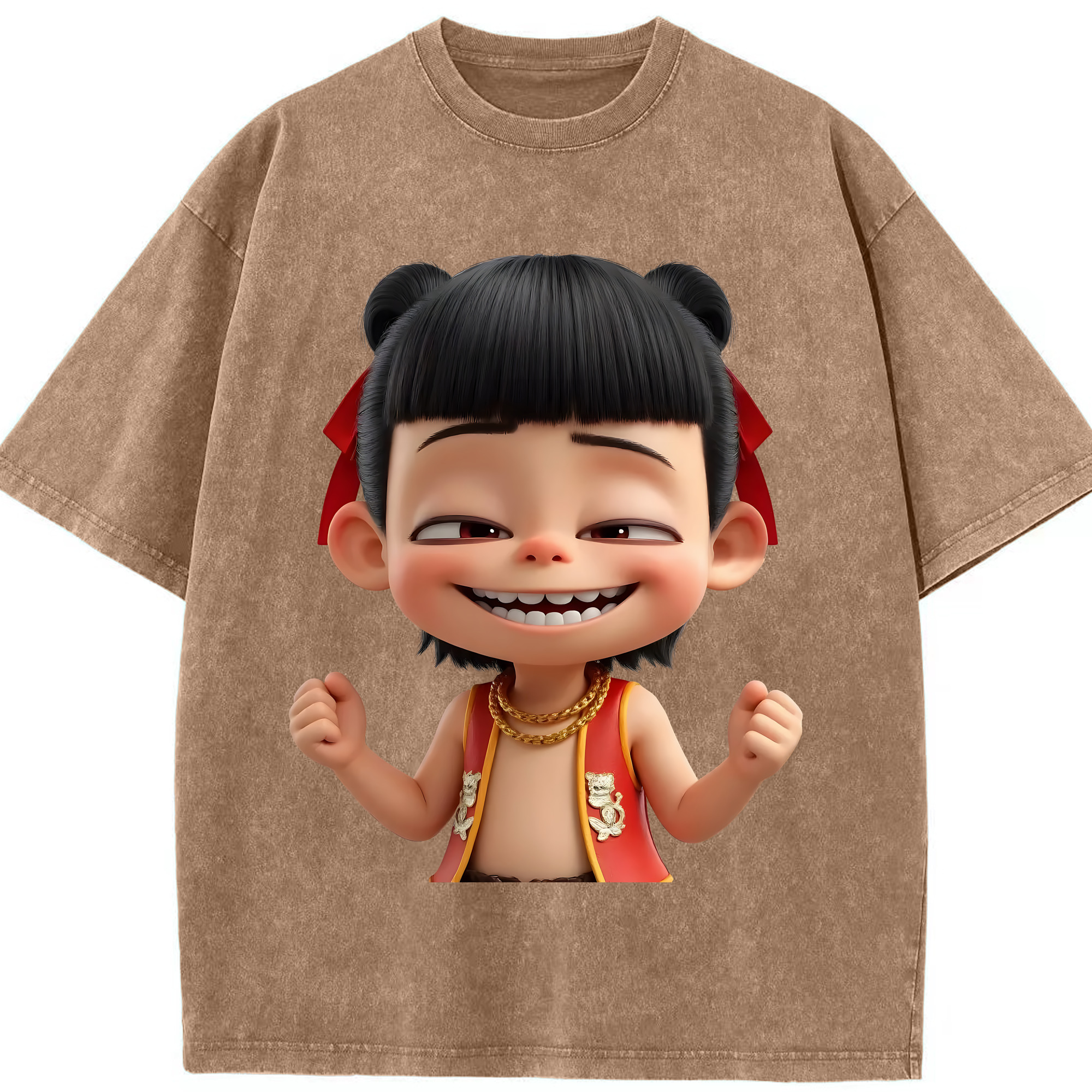 （画像用） Ne Zha 2 ナタ 魔童の大暴れ 綿100% ヴィンテージ風 半袖Tシャツ（フロントプリント）