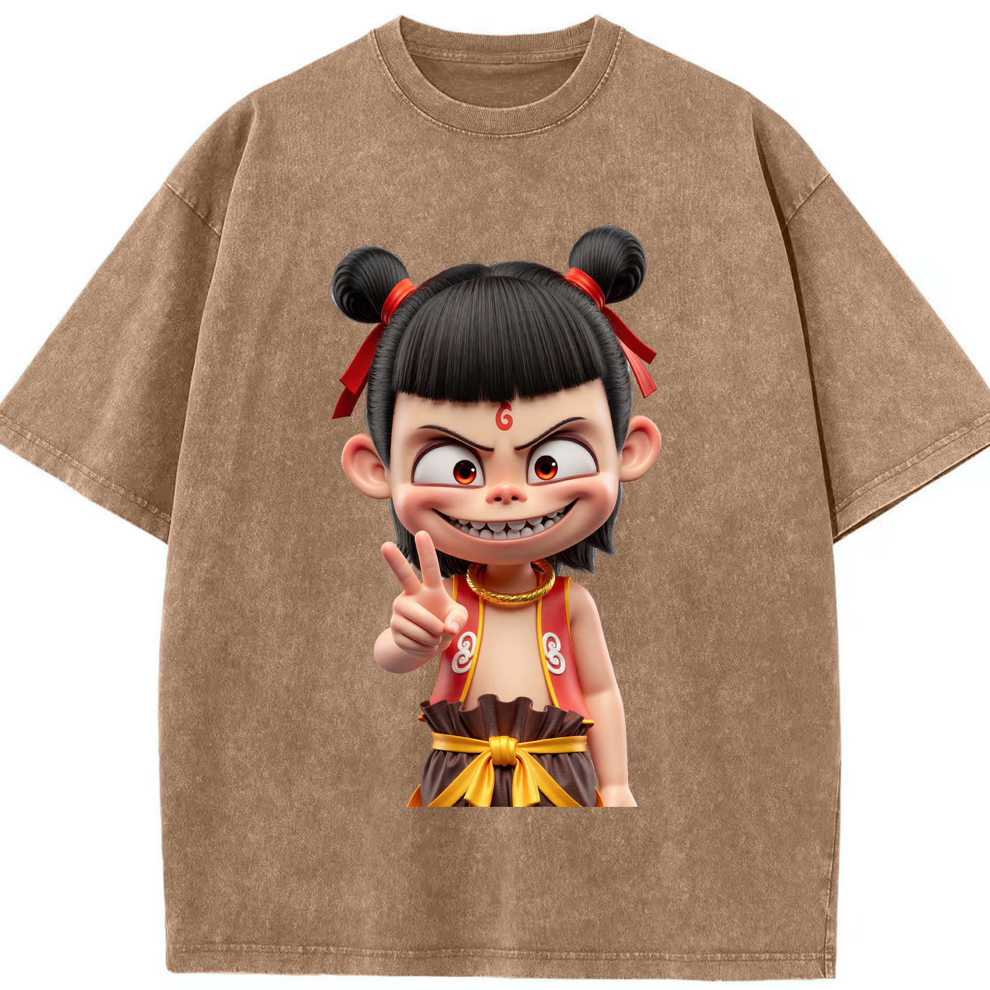 （画像用） Ne Zha 2 ナタ 魔童の大暴れ 綿100% ヴィンテージ風 半袖Tシャツ（フロントプリント）