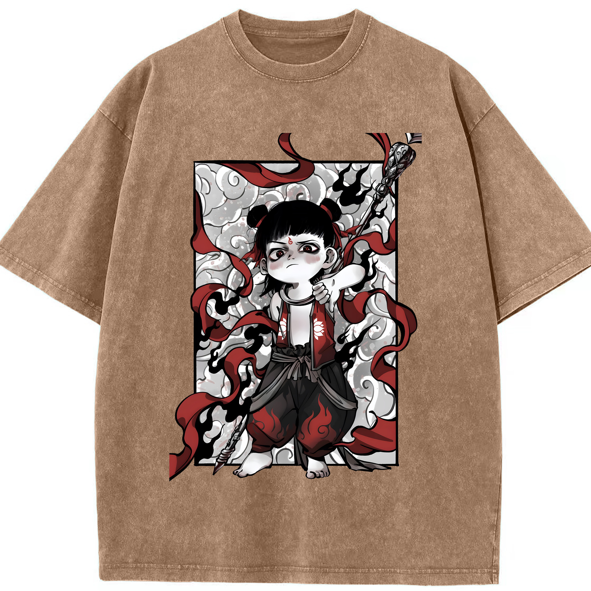 （画像用） Ne Zha 2 ナタ 魔童の大暴れ 綿100% ヴィンテージ風 半袖Tシャツ（フロントプリント）