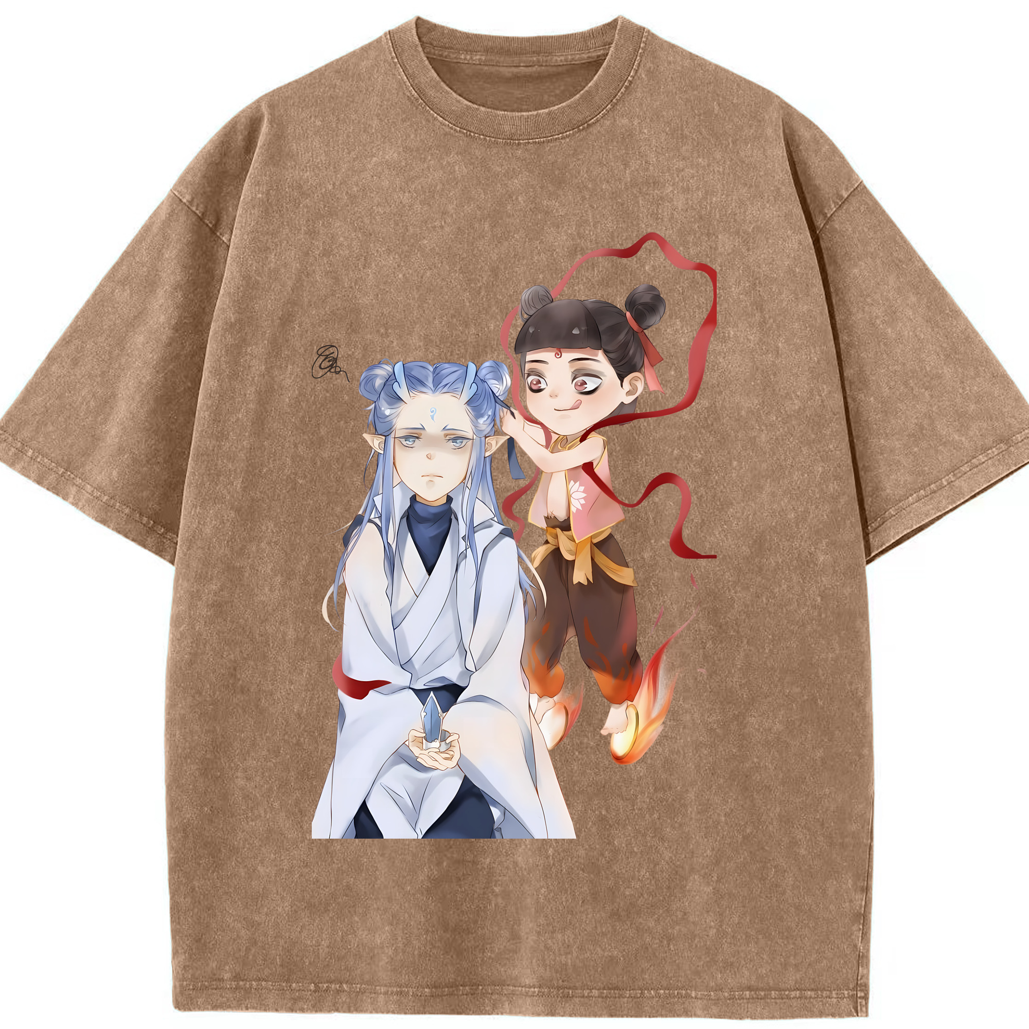 （画像用） Ne Zha 2 ナタ 魔童の大暴れ 綿100% ヴィンテージ風 半袖Tシャツ（フロントプリント）
