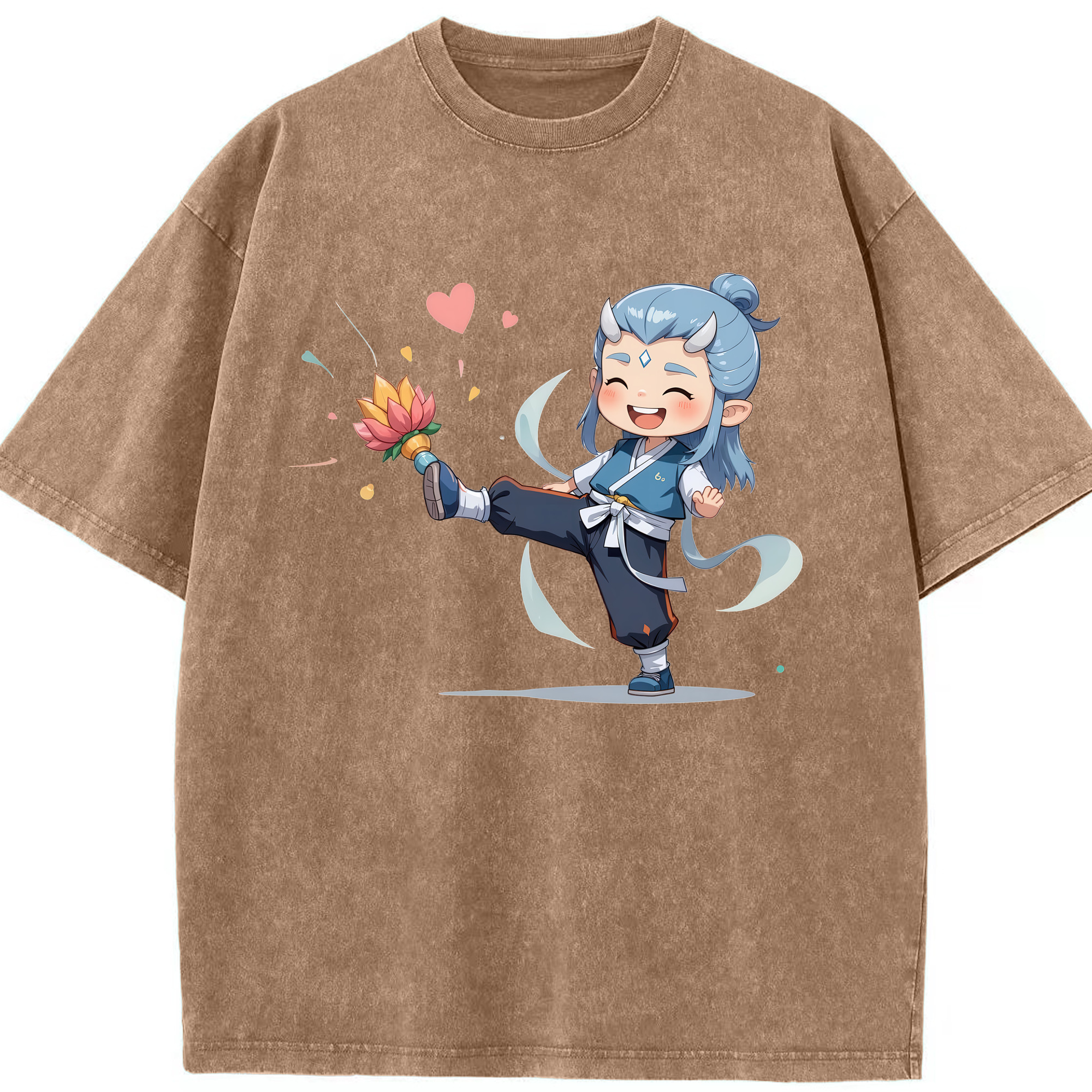 （画像用） Ne Zha 2 ナタ 魔童の大暴れ 綿100% ヴィンテージ風 半袖Tシャツ（フロントプリント）