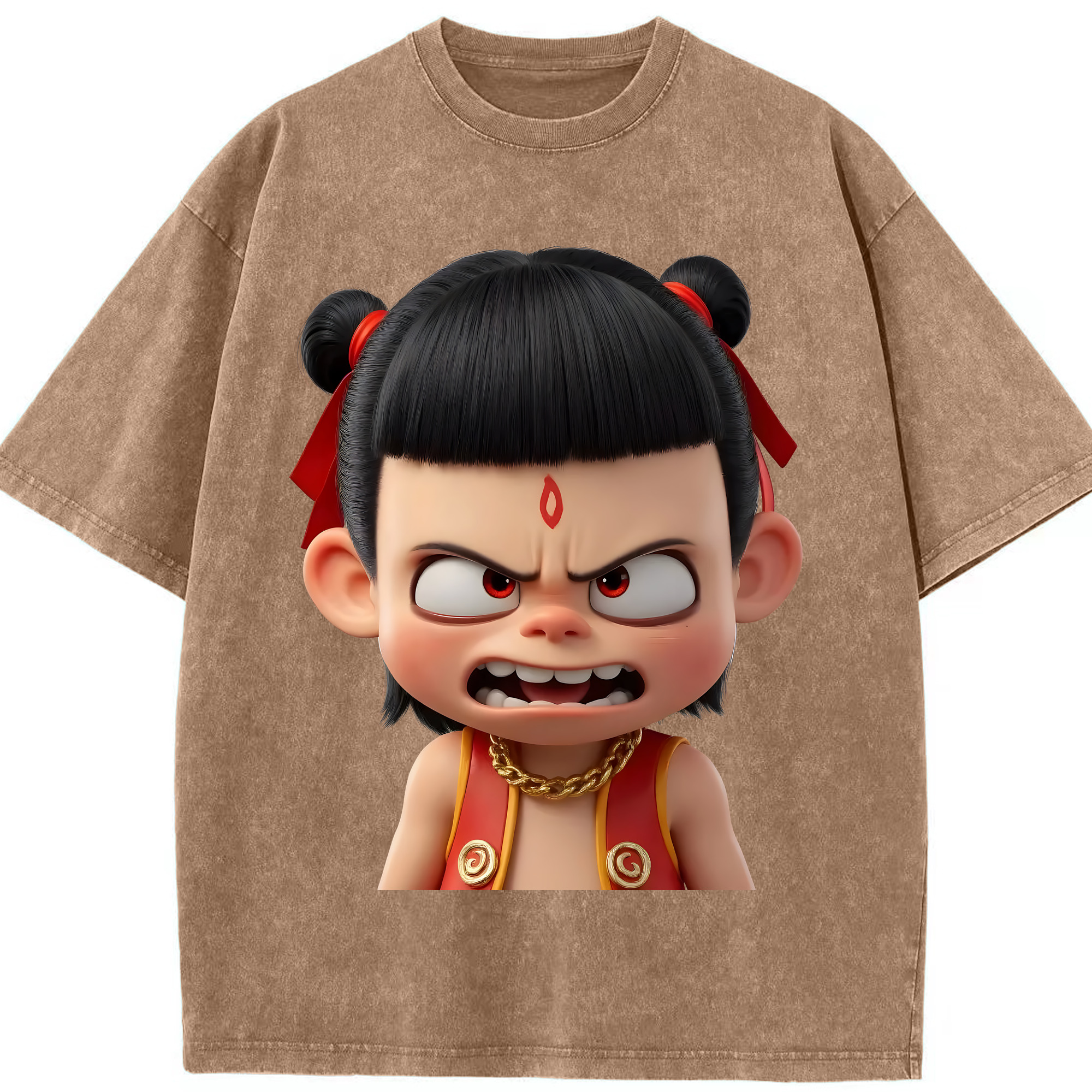 （画像用） Ne Zha 2 ナタ 魔童の大暴れ 綿100% ヴィンテージ風 半袖Tシャツ（フロントプリント）