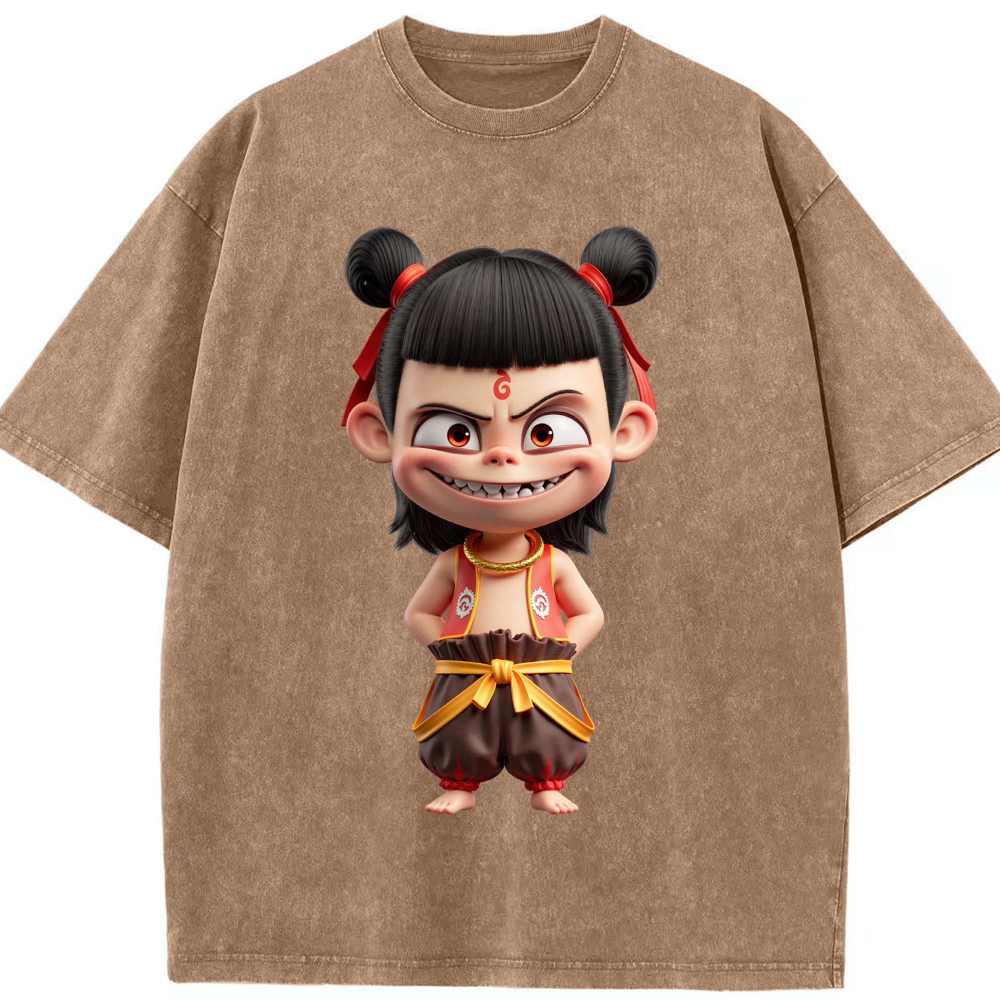 （画像用） Ne Zha 2 ナタ 魔童の大暴れ 綿100% ヴィンテージ風 半袖Tシャツ（フロントプリント）