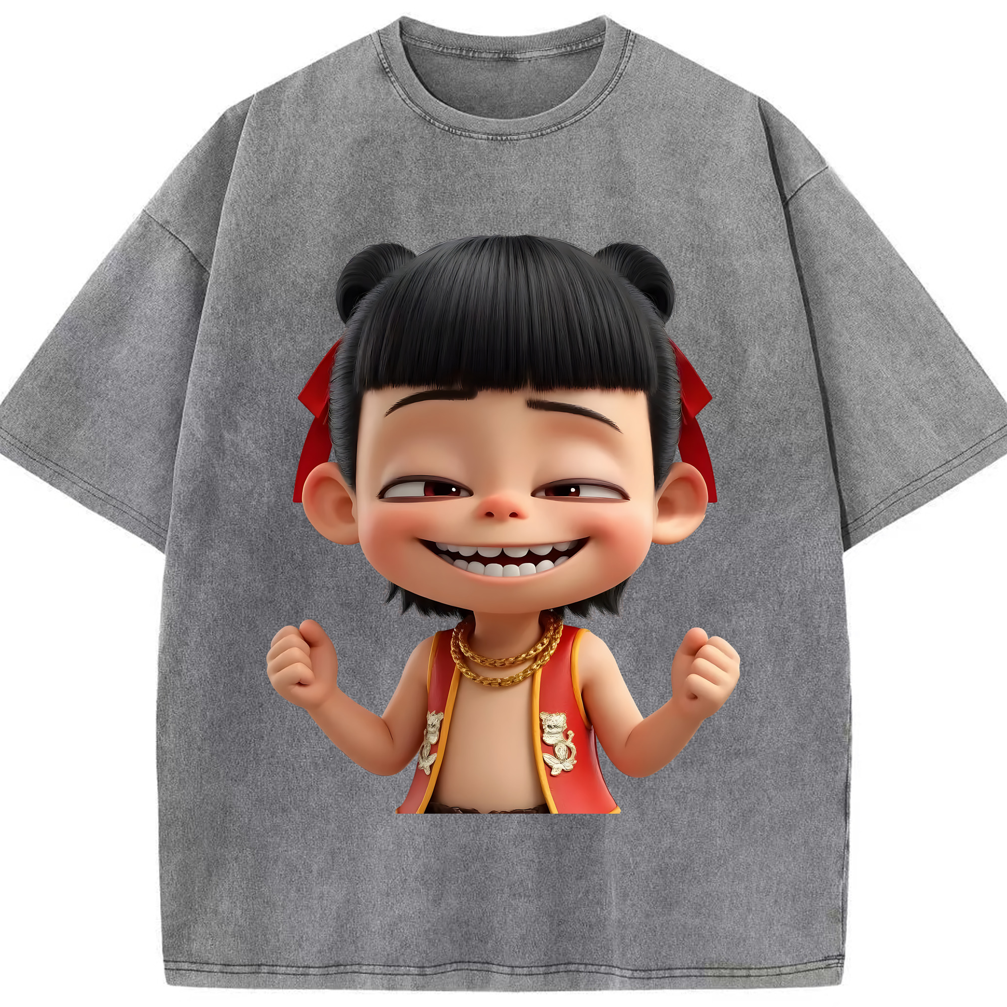 （画像用） Ne Zha 2 ナタ 魔童の大暴れ 綿100% ヴィンテージ風 半袖Tシャツ（フロントプリント）