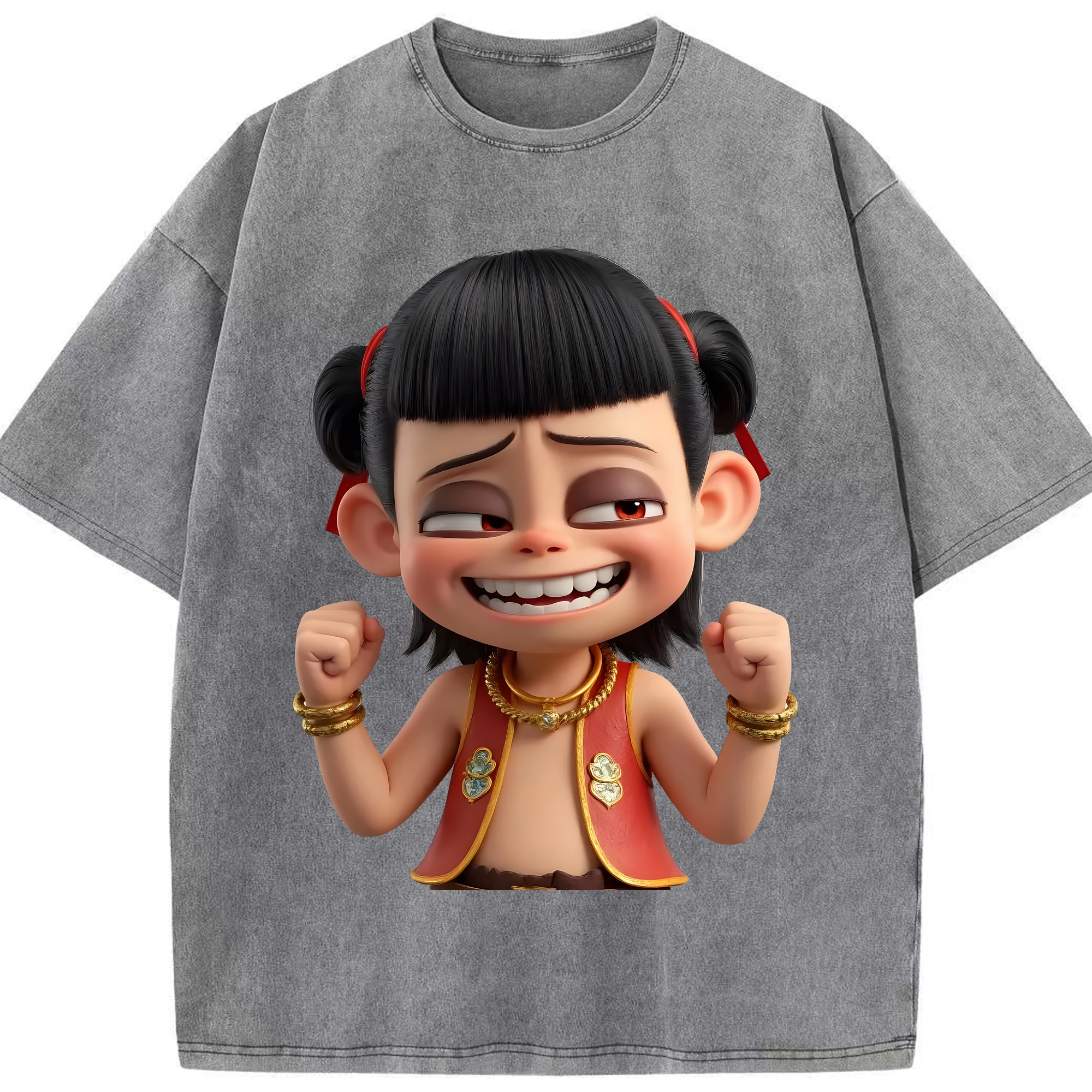 （画像用） Ne Zha 2 ナタ 魔童の大暴れ 綿100% ヴィンテージ風 半袖Tシャツ（フロントプリント）