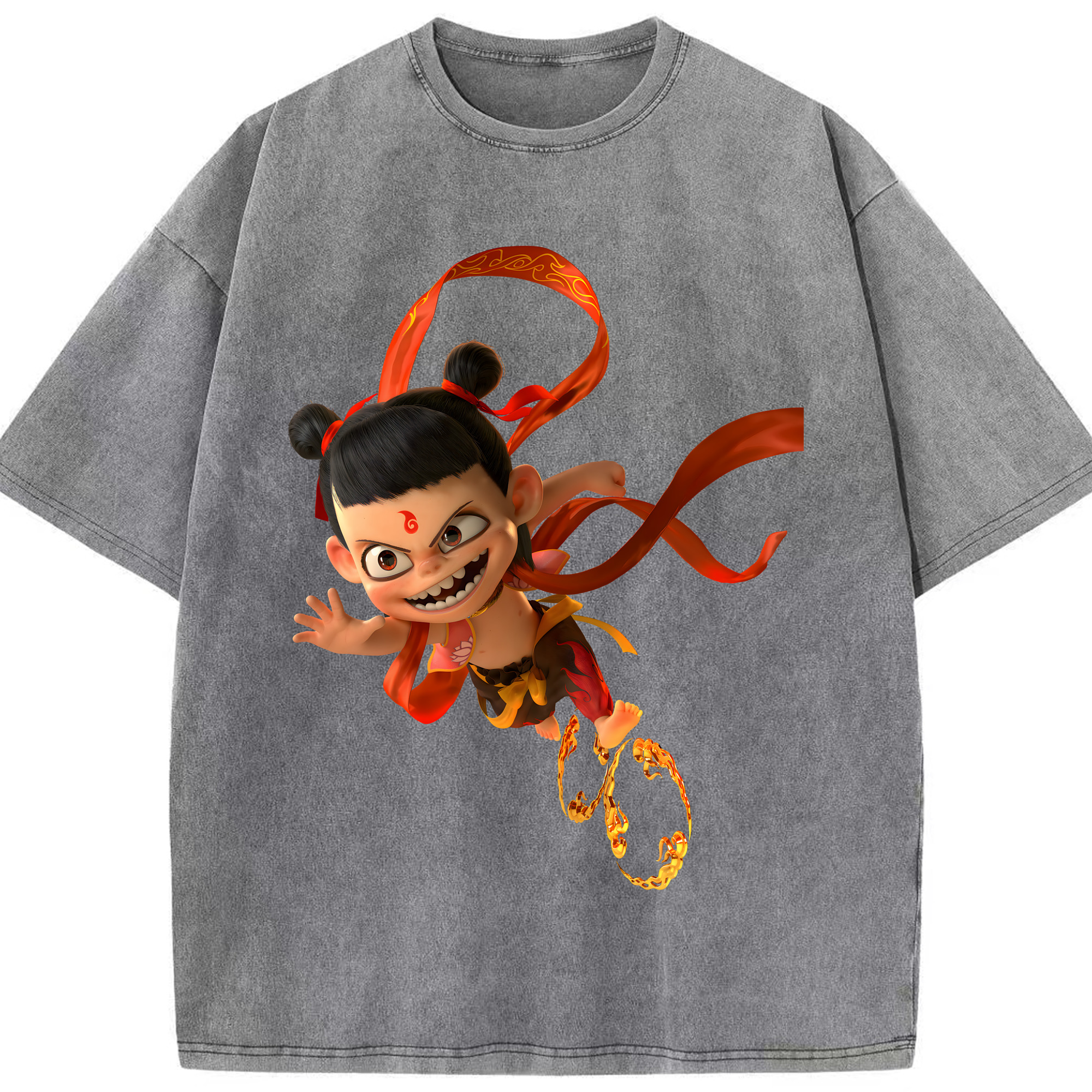 （画像用） Ne Zha 2 ナタ 魔童の大暴れ 綿100% ヴィンテージ風 半袖Tシャツ（フロントプリント）