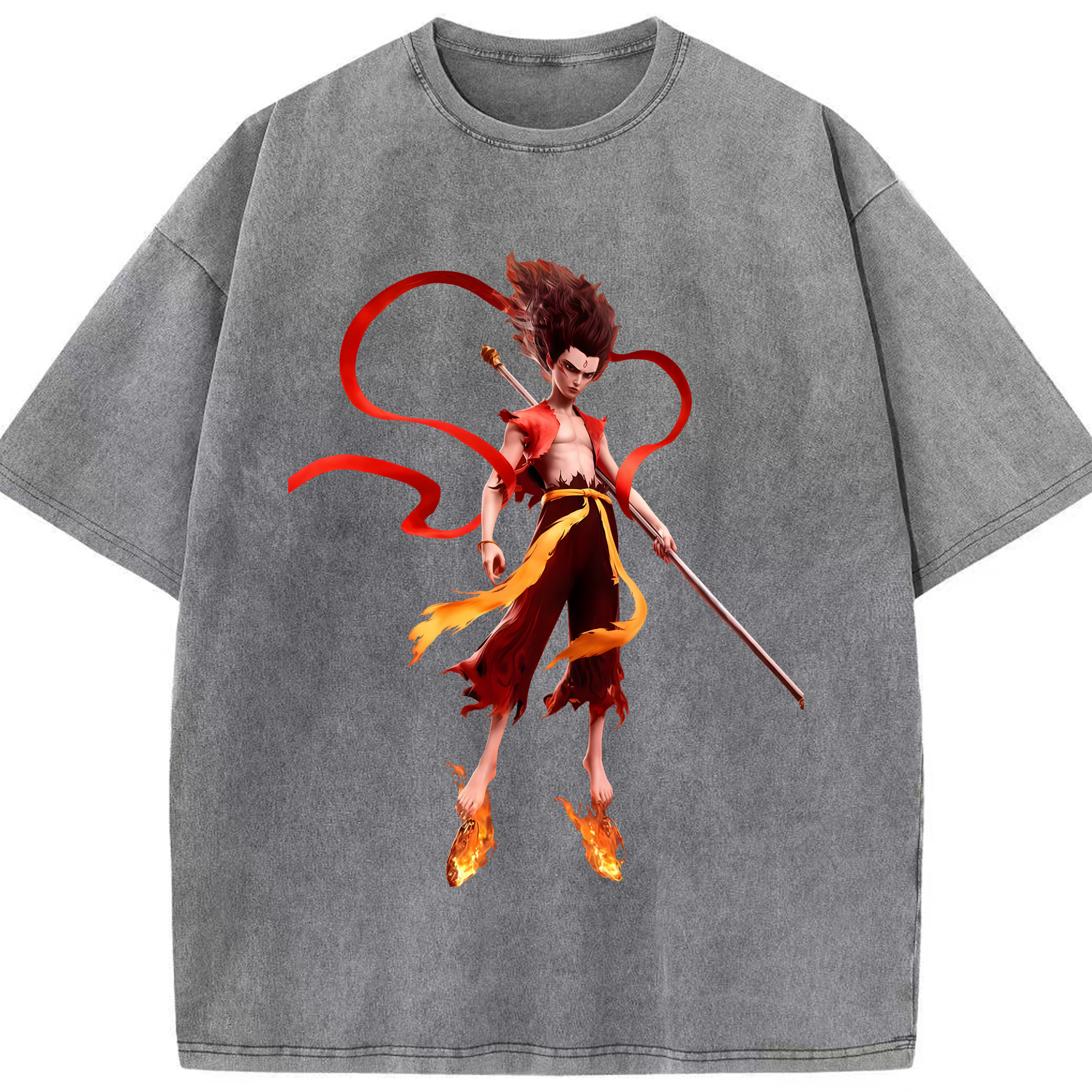 （画像用） Ne Zha 2 ナタ 魔童の大暴れ 綿100% ヴィンテージ風 半袖Tシャツ（フロントプリント）