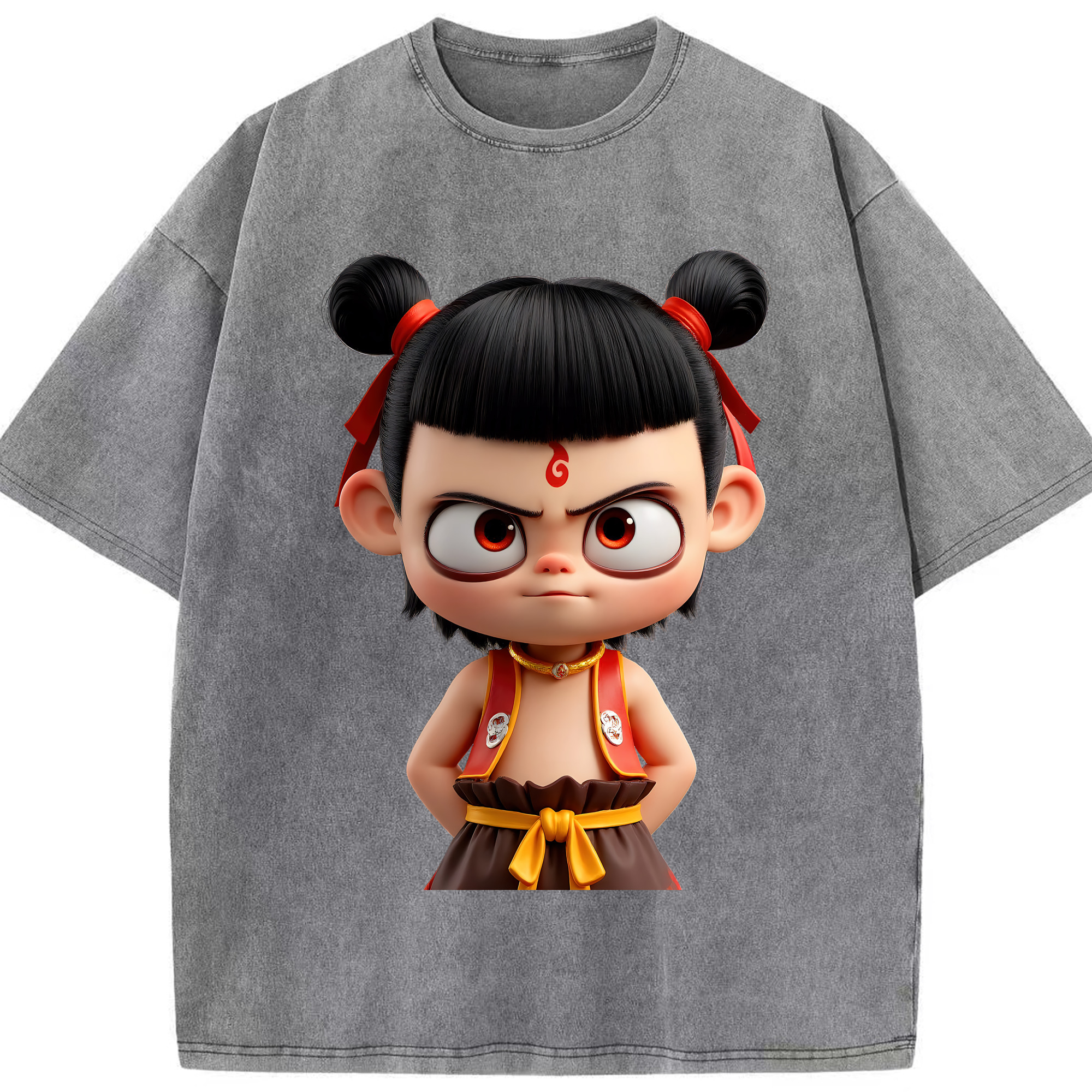 （画像用） Ne Zha 2 ナタ 魔童の大暴れ 綿100% ヴィンテージ風 半袖Tシャツ（フロントプリント）