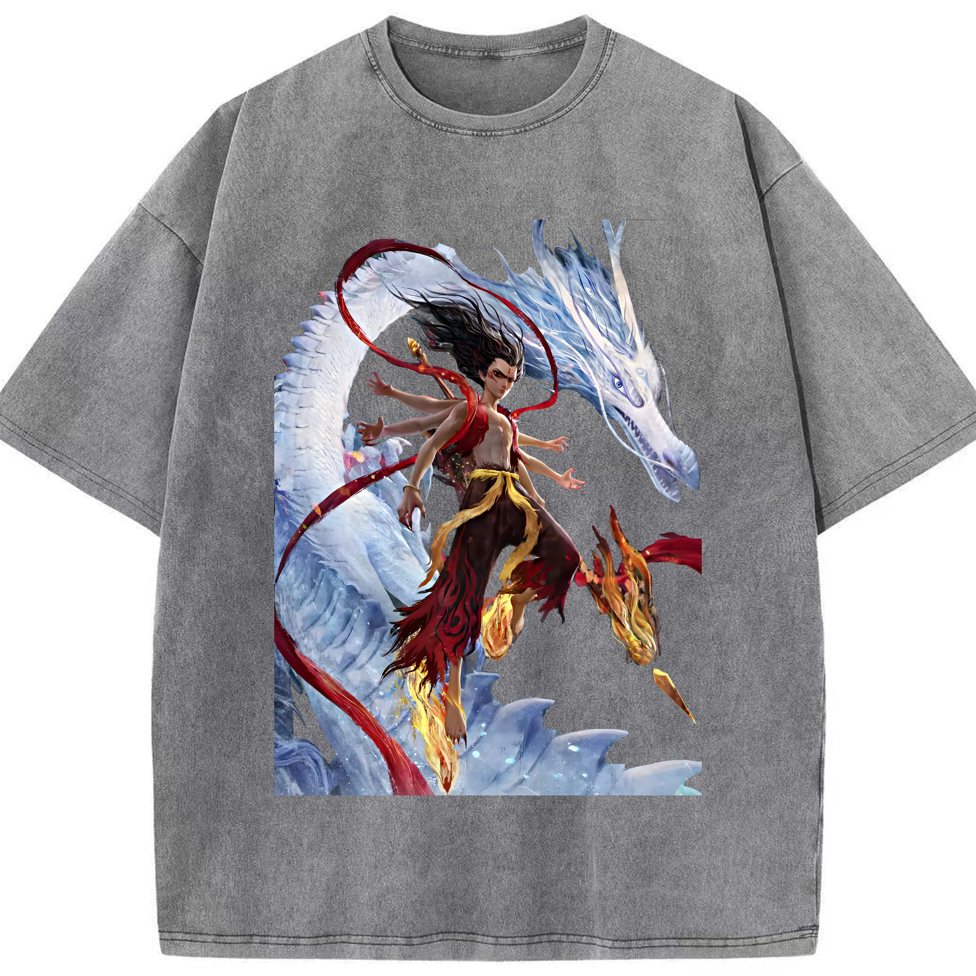（画像用） Ne Zha 2 ナタ 魔童の大暴れ 綿100% ヴィンテージ風 半袖Tシャツ（フロントプリント）