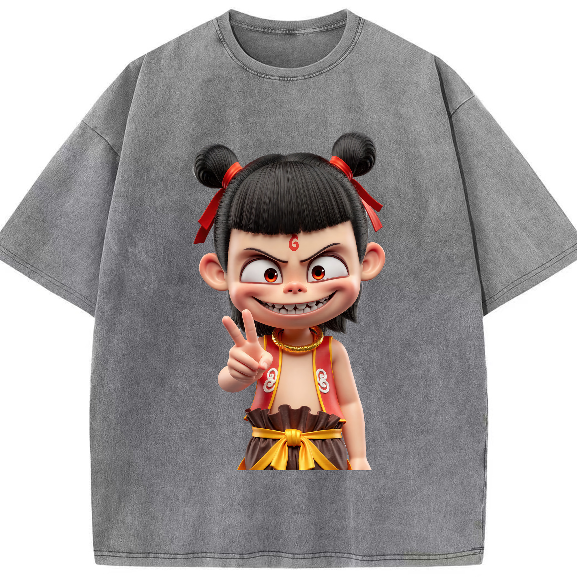（画像用） Ne Zha 2 ナタ 魔童の大暴れ 綿100% ヴィンテージ風 半袖Tシャツ（フロントプリント）