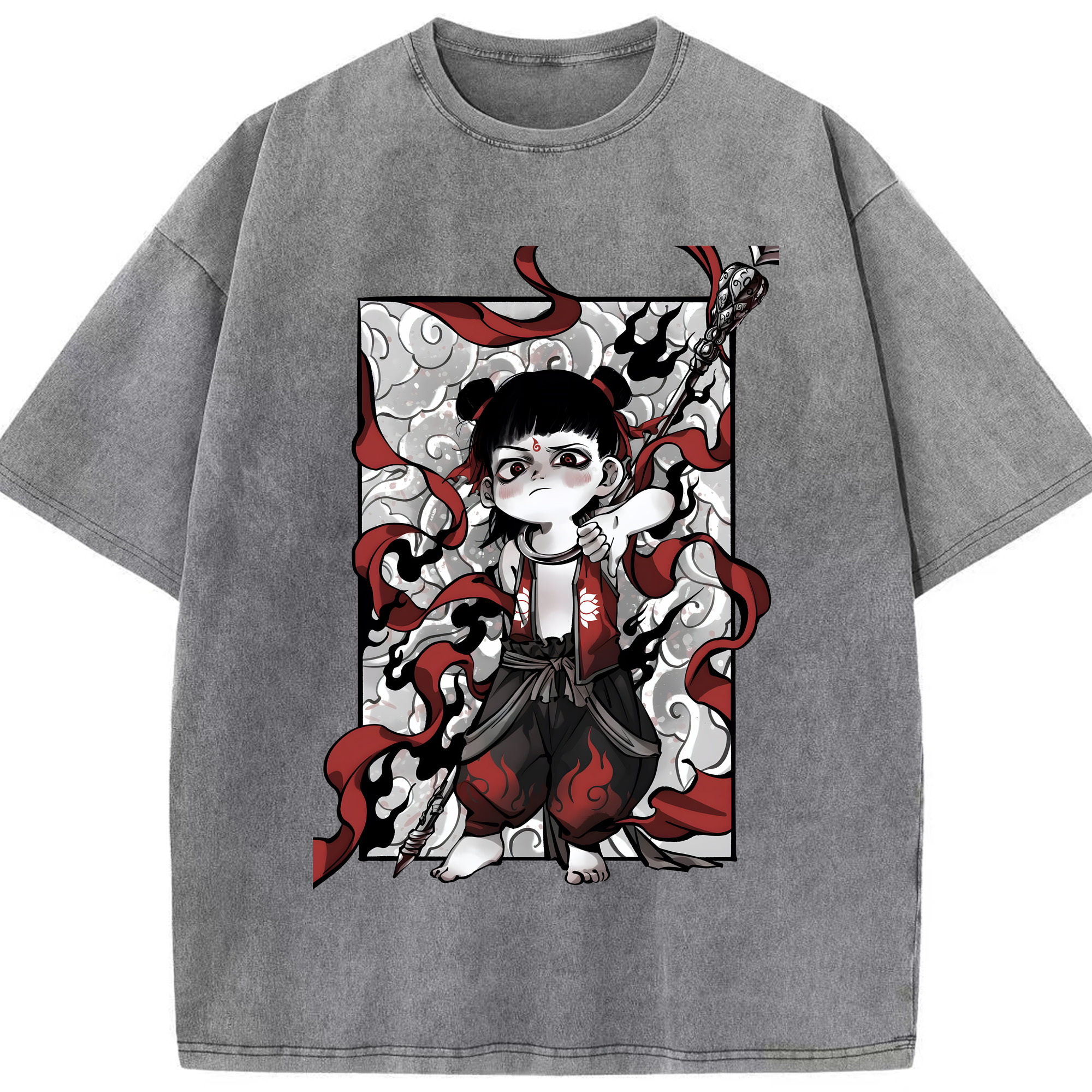 （画像用） Ne Zha 2 ナタ 魔童の大暴れ 綿100% ヴィンテージ風 半袖Tシャツ（フロントプリント）