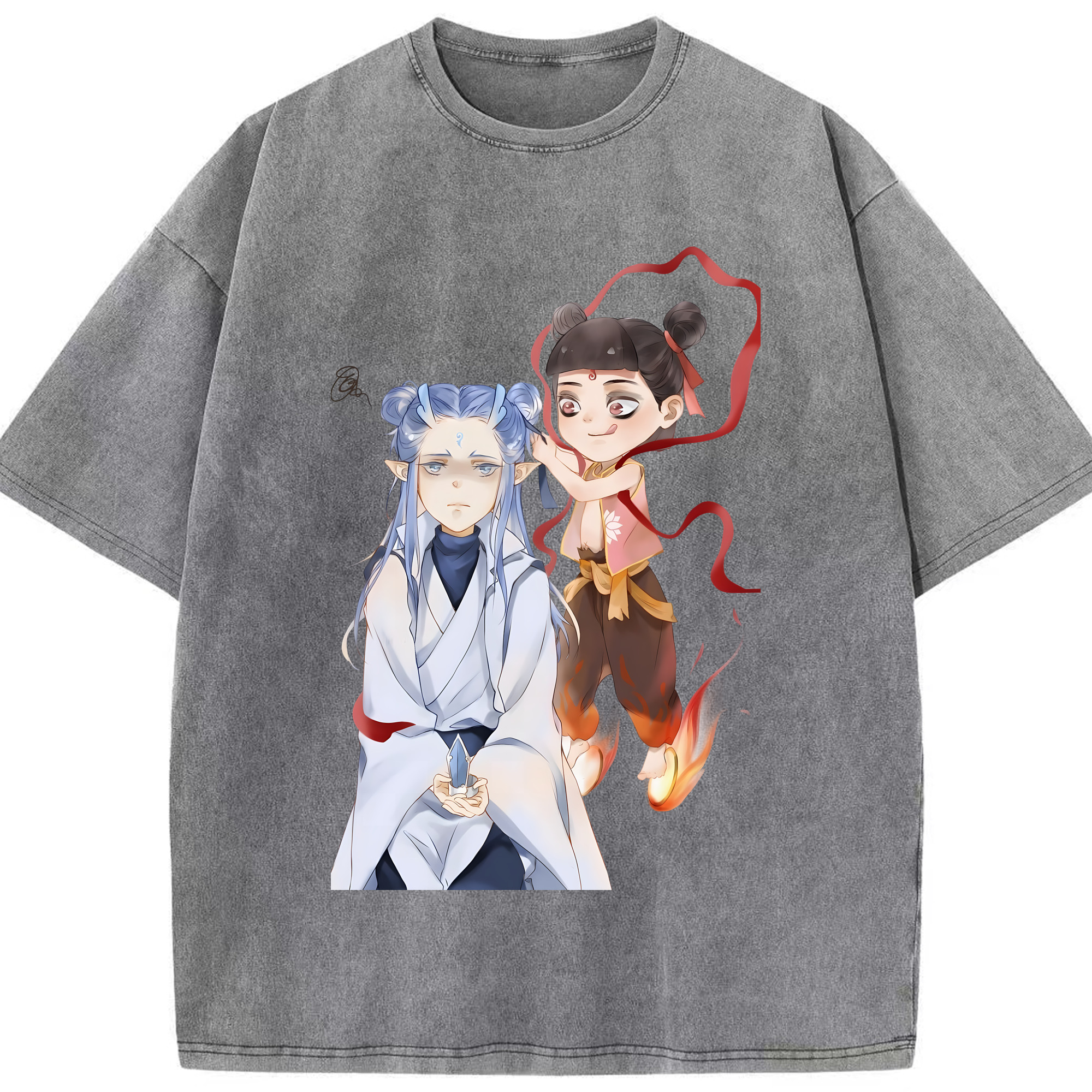（画像用） Ne Zha 2 ナタ 魔童の大暴れ 綿100% ヴィンテージ風 半袖Tシャツ（フロントプリント）