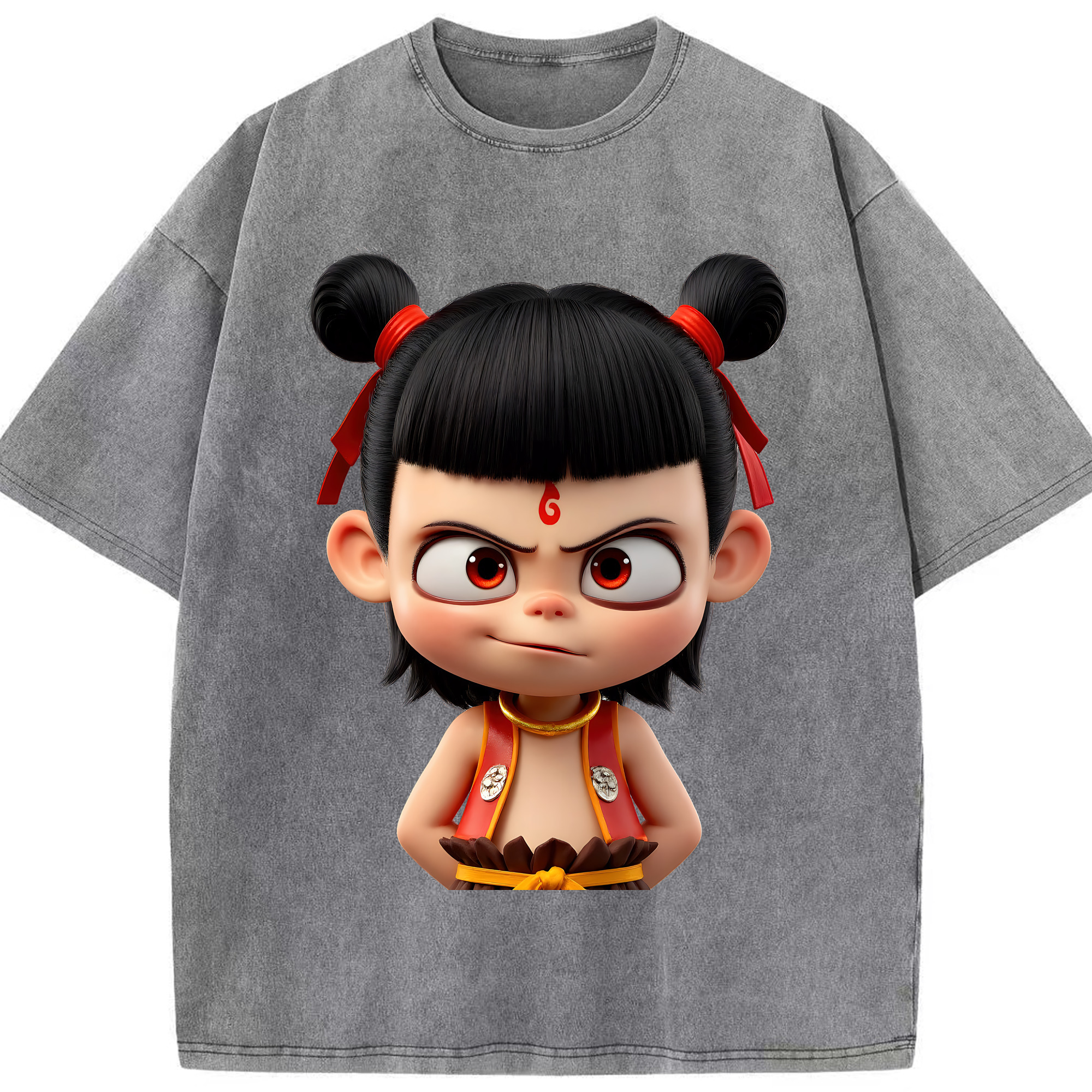 （画像用） Ne Zha 2 ナタ 魔童の大暴れ 綿100% ヴィンテージ風 半袖Tシャツ（フロントプリント）
