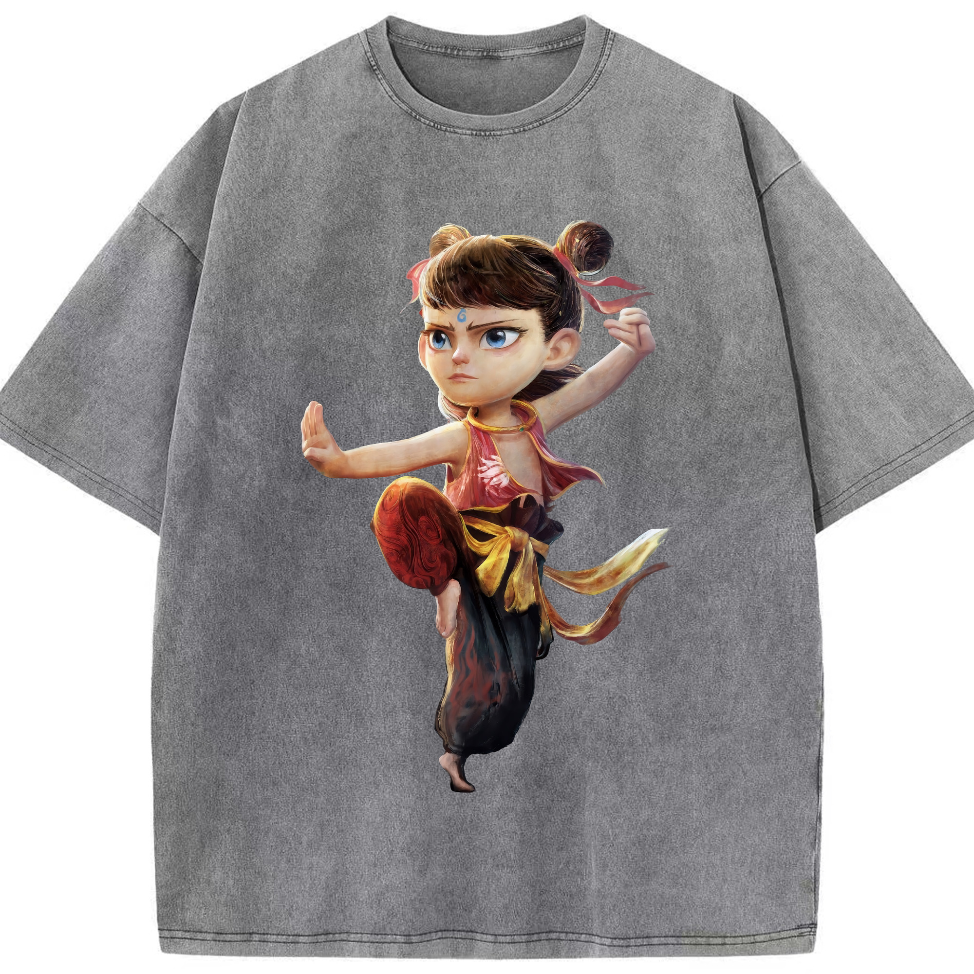 （画像用） Ne Zha 2 ナタ 魔童の大暴れ 綿100% ヴィンテージ風 半袖Tシャツ（フロントプリント）