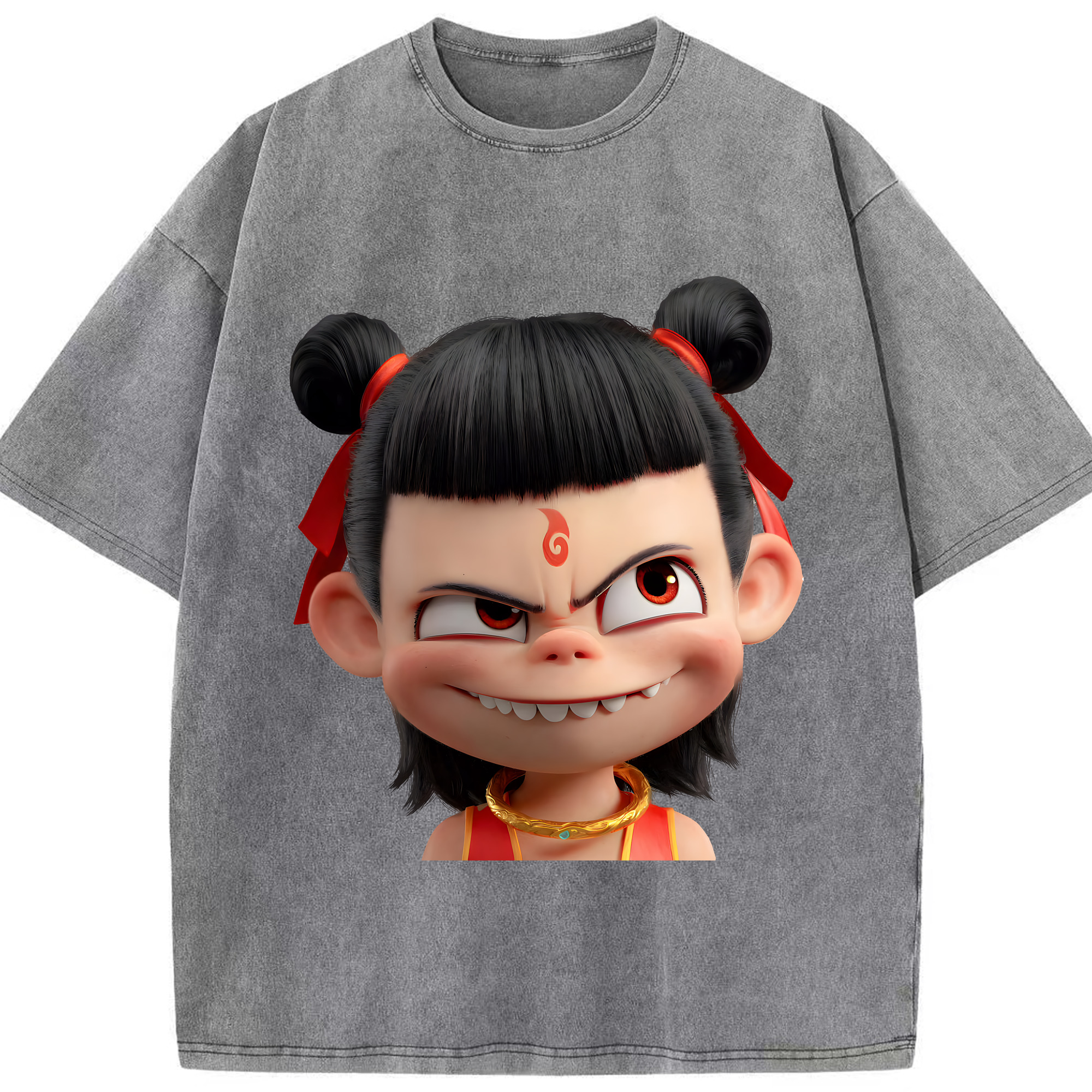 （画像用） Ne Zha 2 ナタ 魔童の大暴れ 綿100% ヴィンテージ風 半袖Tシャツ（フロントプリント）