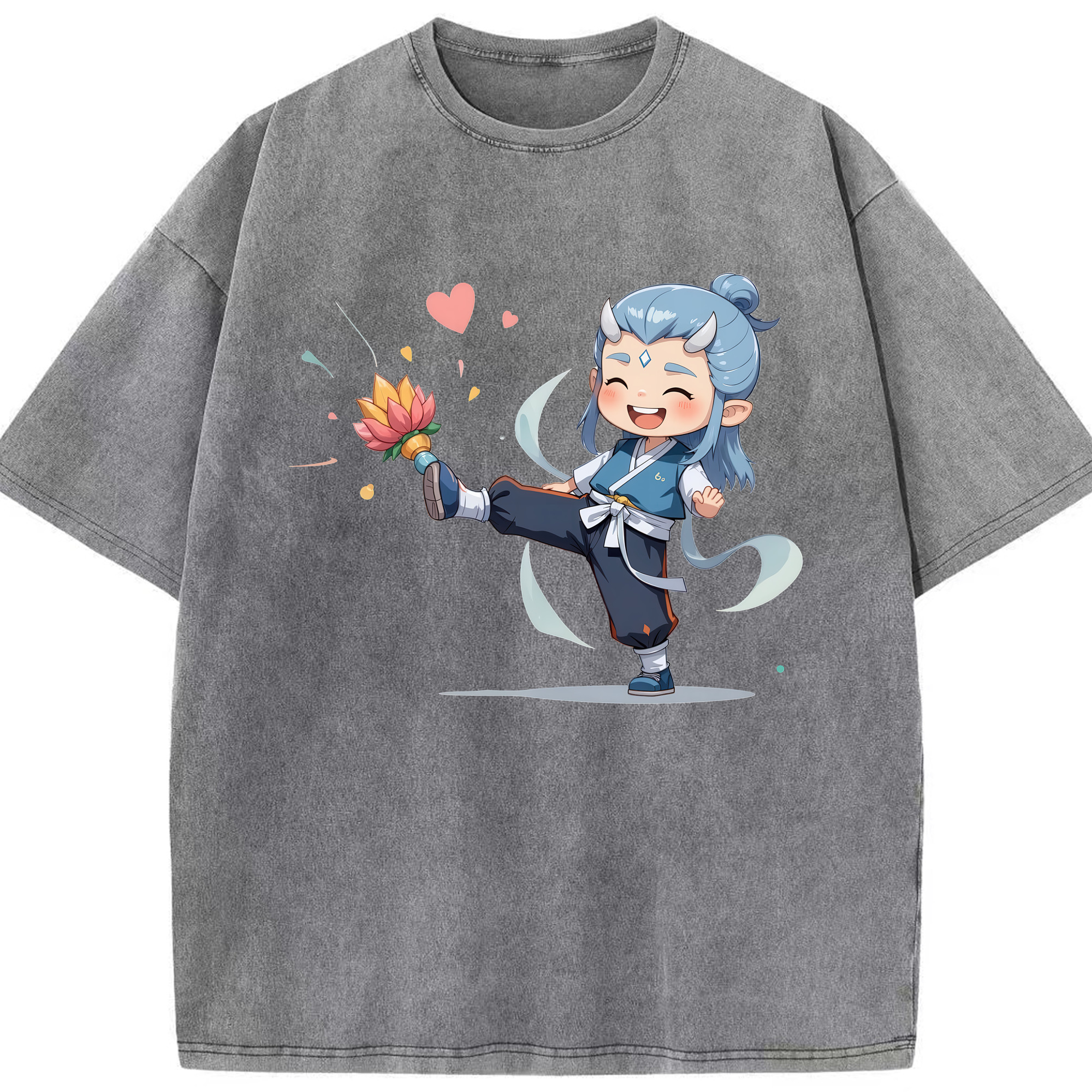 （画像用） Ne Zha 2 ナタ 魔童の大暴れ 綿100% ヴィンテージ風 半袖Tシャツ（フロントプリント）