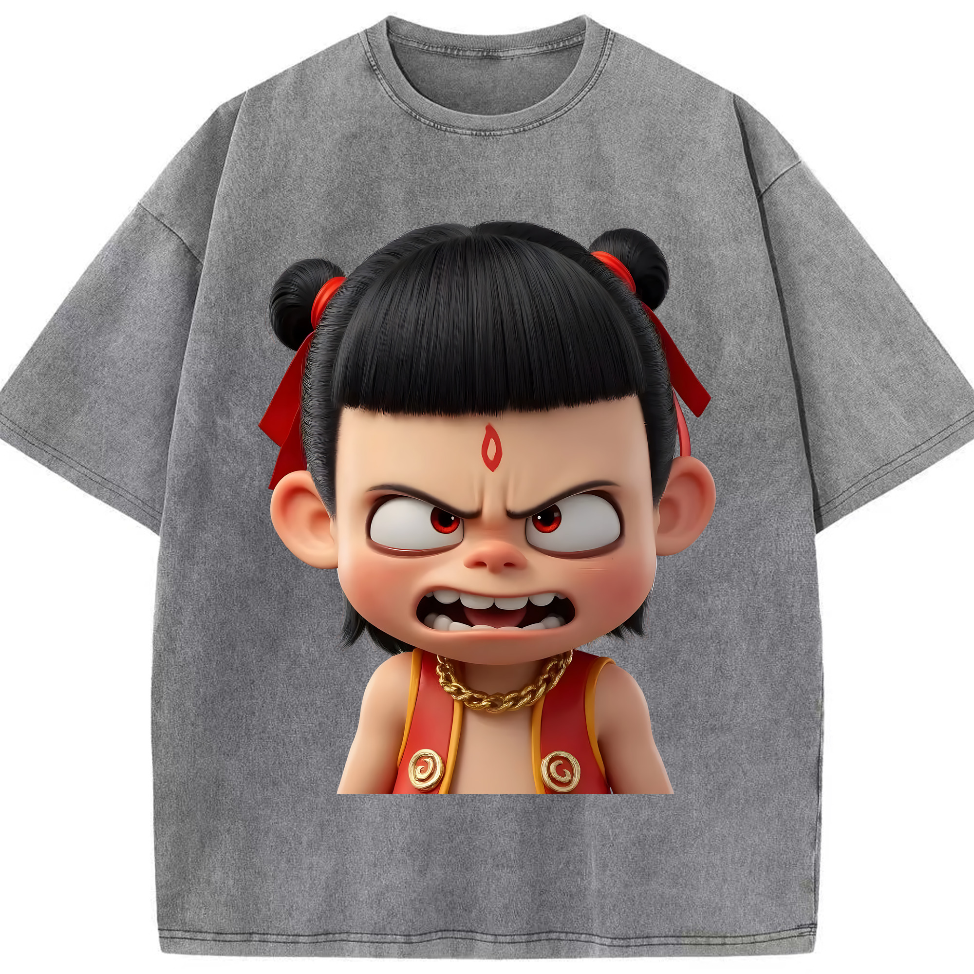 （画像用） Ne Zha 2 ナタ 魔童の大暴れ 綿100% ヴィンテージ風 半袖Tシャツ（フロントプリント）