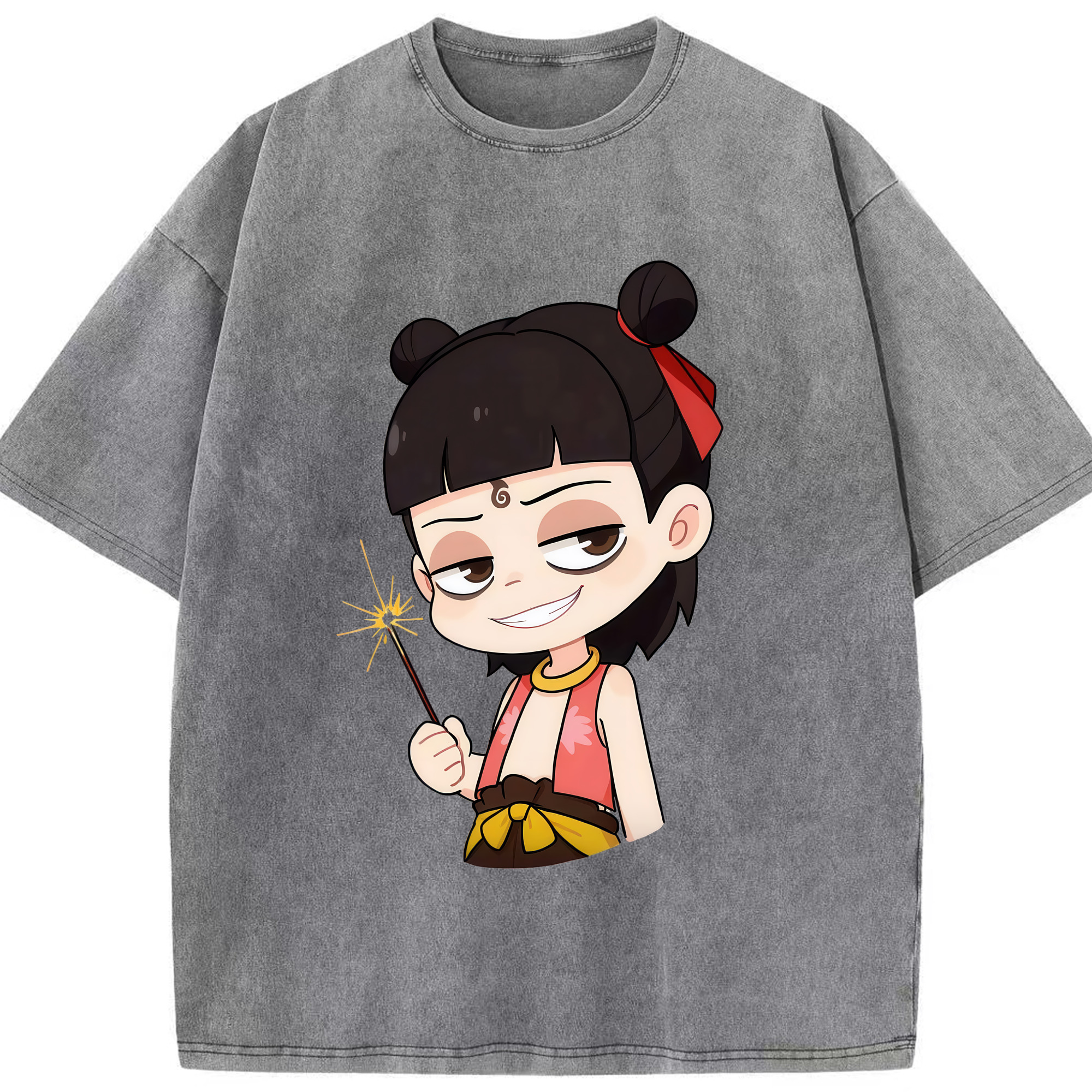 （画像用） Ne Zha 2 ナタ 魔童の大暴れ 綿100% ヴィンテージ風 半袖Tシャツ（フロントプリント）