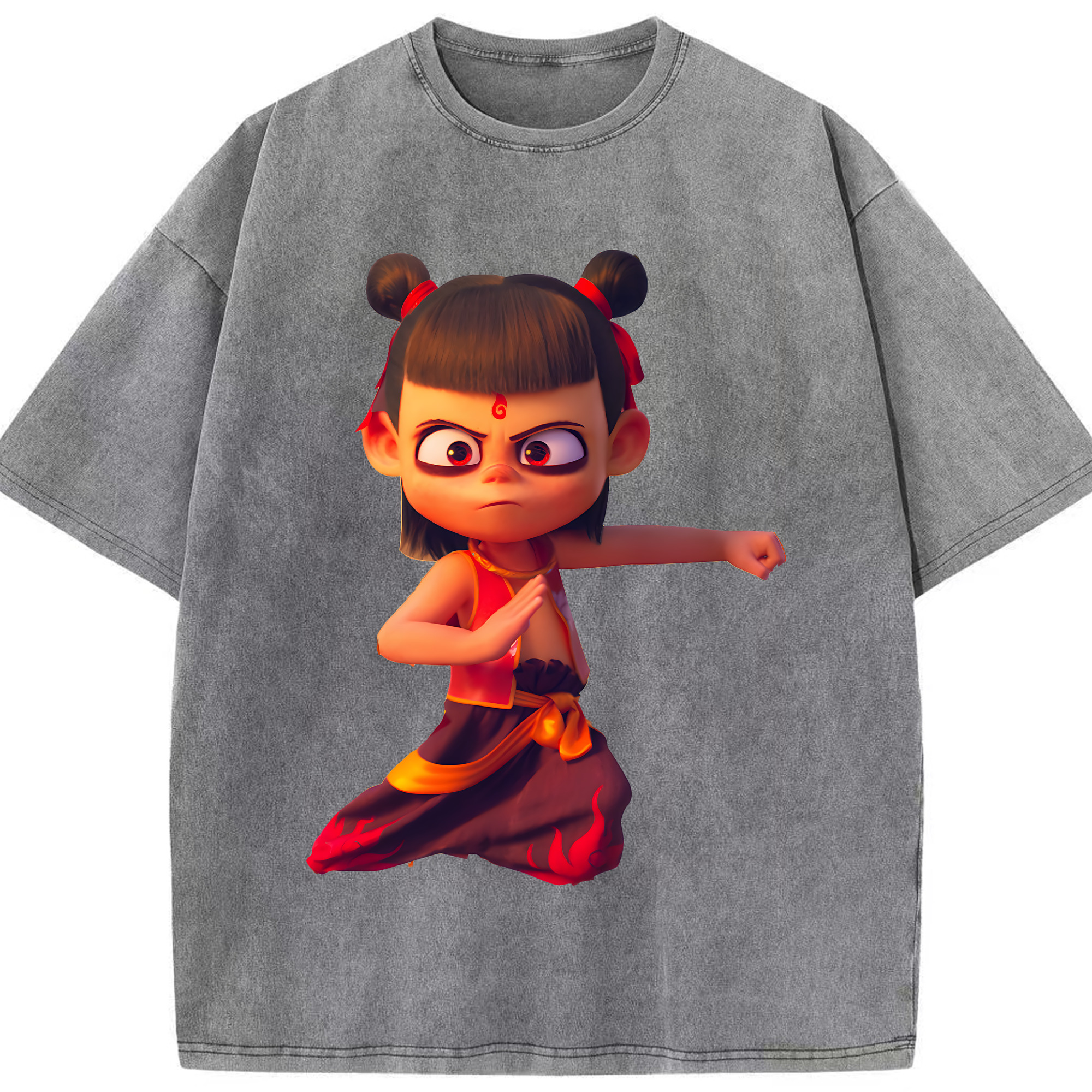 （画像用） Ne Zha 2 ナタ 魔童の大暴れ 綿100% ヴィンテージ風 半袖Tシャツ（フロントプリント）