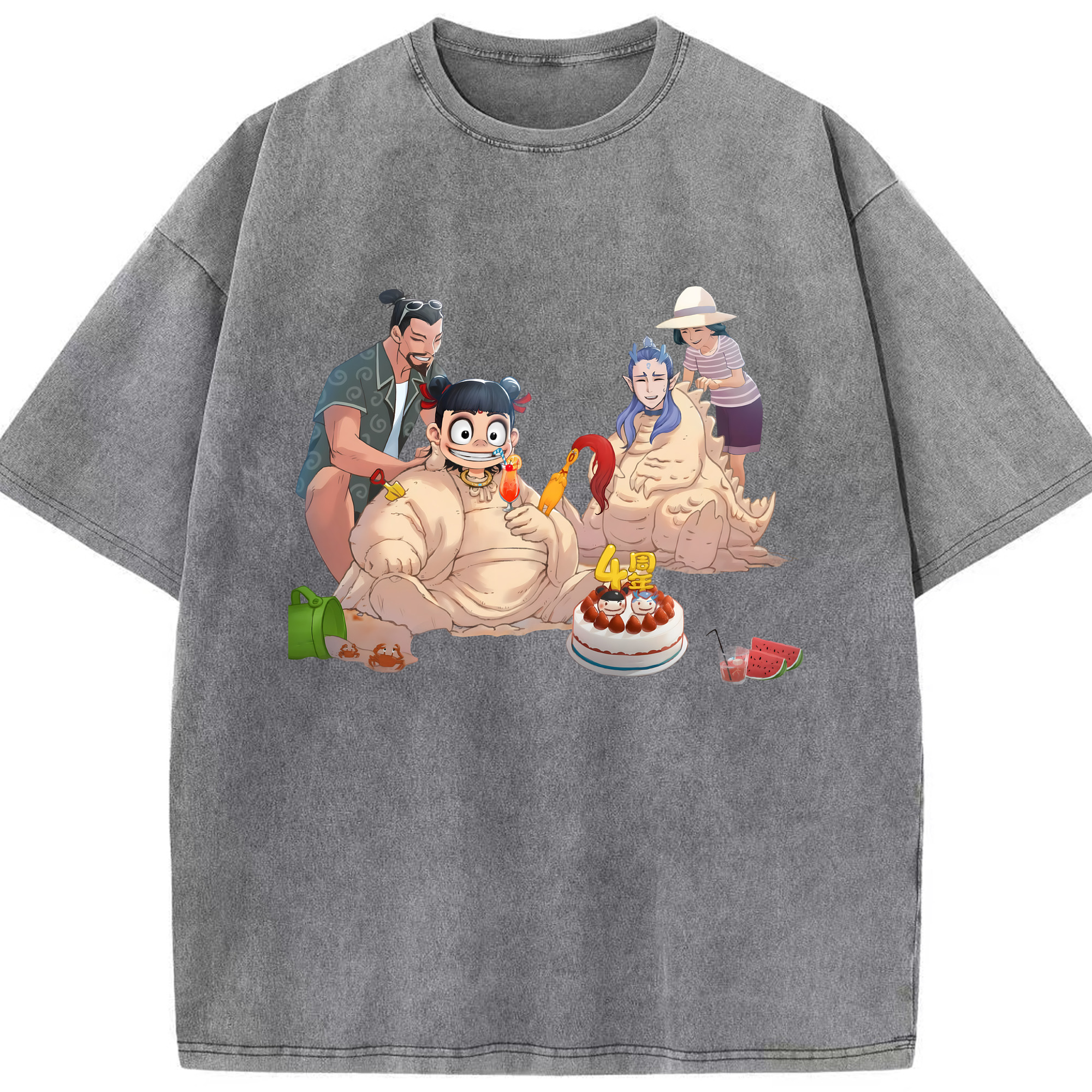 （画像用） Ne Zha 2 ナタ 魔童の大暴れ 綿100% ヴィンテージ風 半袖Tシャツ（フロントプリント）