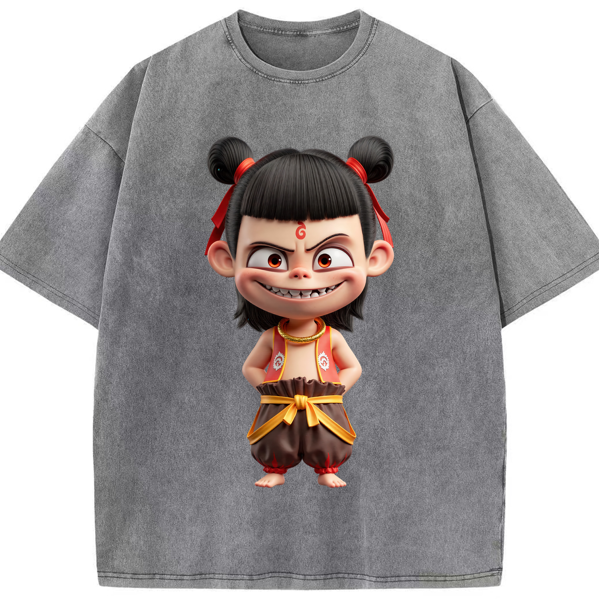 （画像用） Ne Zha 2 ナタ 魔童の大暴れ 綿100% ヴィンテージ風 半袖Tシャツ（フロントプリント）