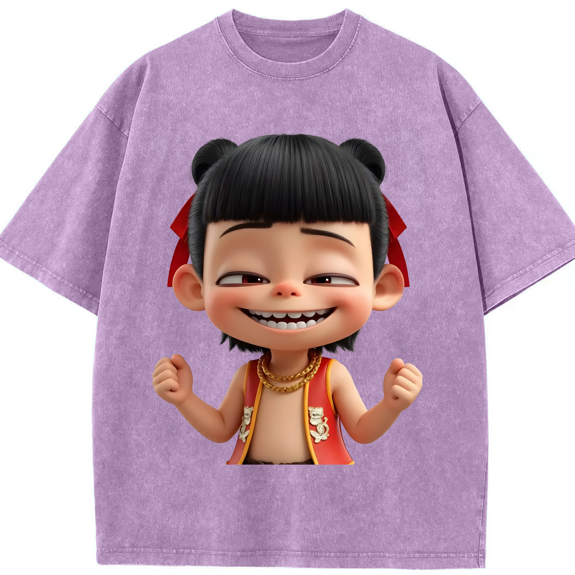 （画像用） Ne Zha 2 ナタ 魔童の大暴れ 綿100% ヴィンテージ風 半袖Tシャツ（フロントプリント）