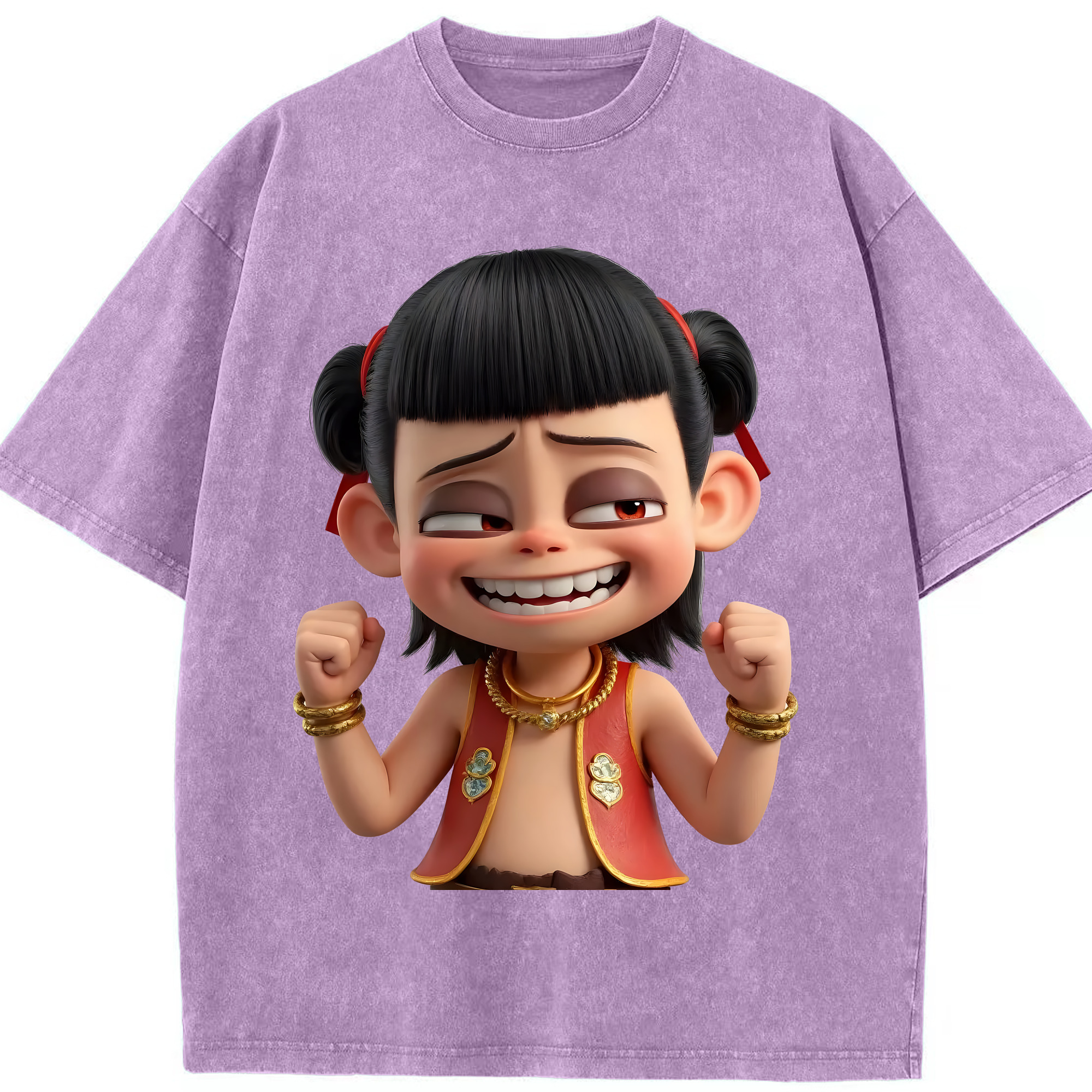 （画像用） Ne Zha 2 ナタ 魔童の大暴れ 綿100% ヴィンテージ風 半袖Tシャツ（フロントプリント）