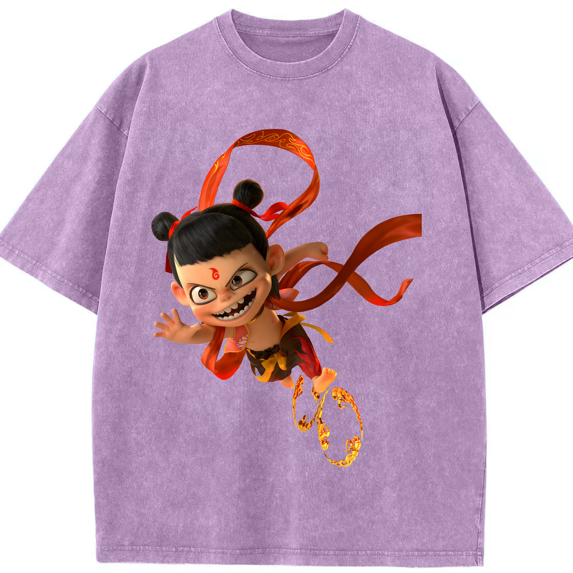 （画像用） Ne Zha 2 ナタ 魔童の大暴れ 綿100% ヴィンテージ風 半袖Tシャツ（フロントプリント）