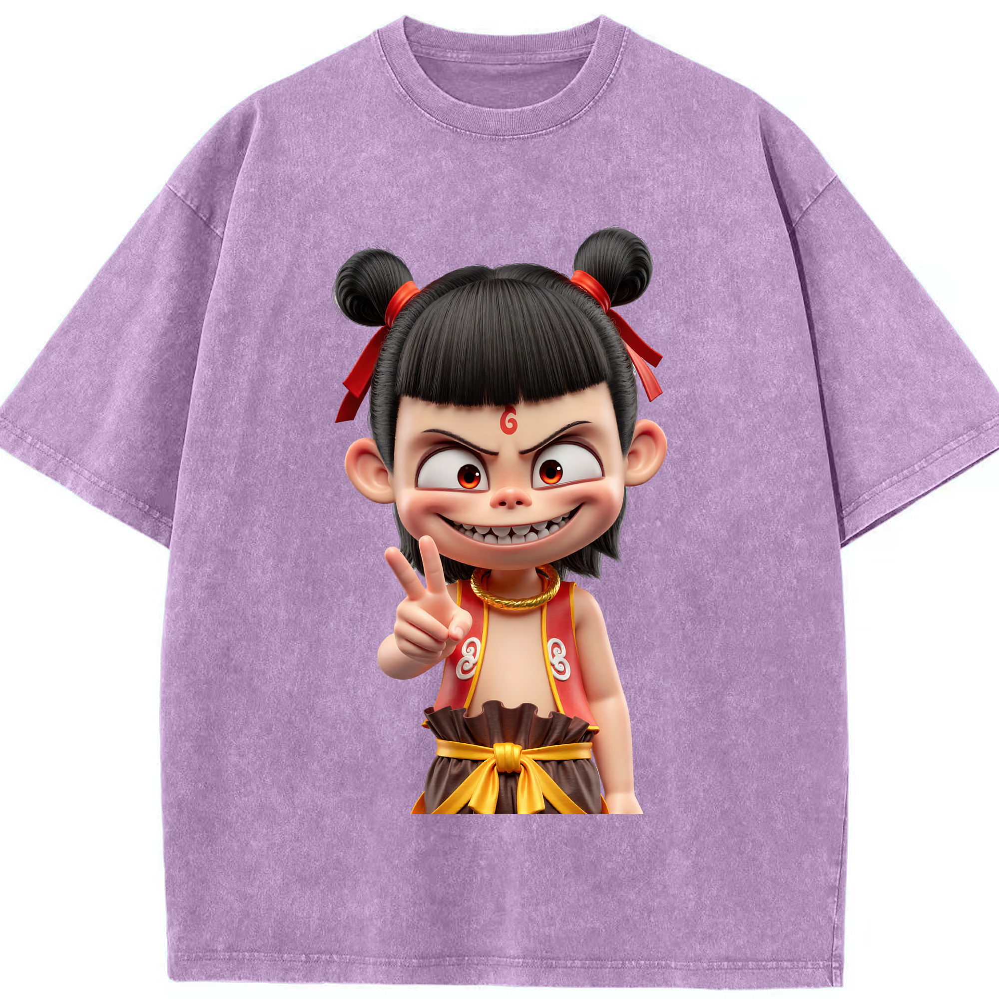 （画像用） Ne Zha 2 ナタ 魔童の大暴れ 綿100% ヴィンテージ風 半袖Tシャツ（フロントプリント）