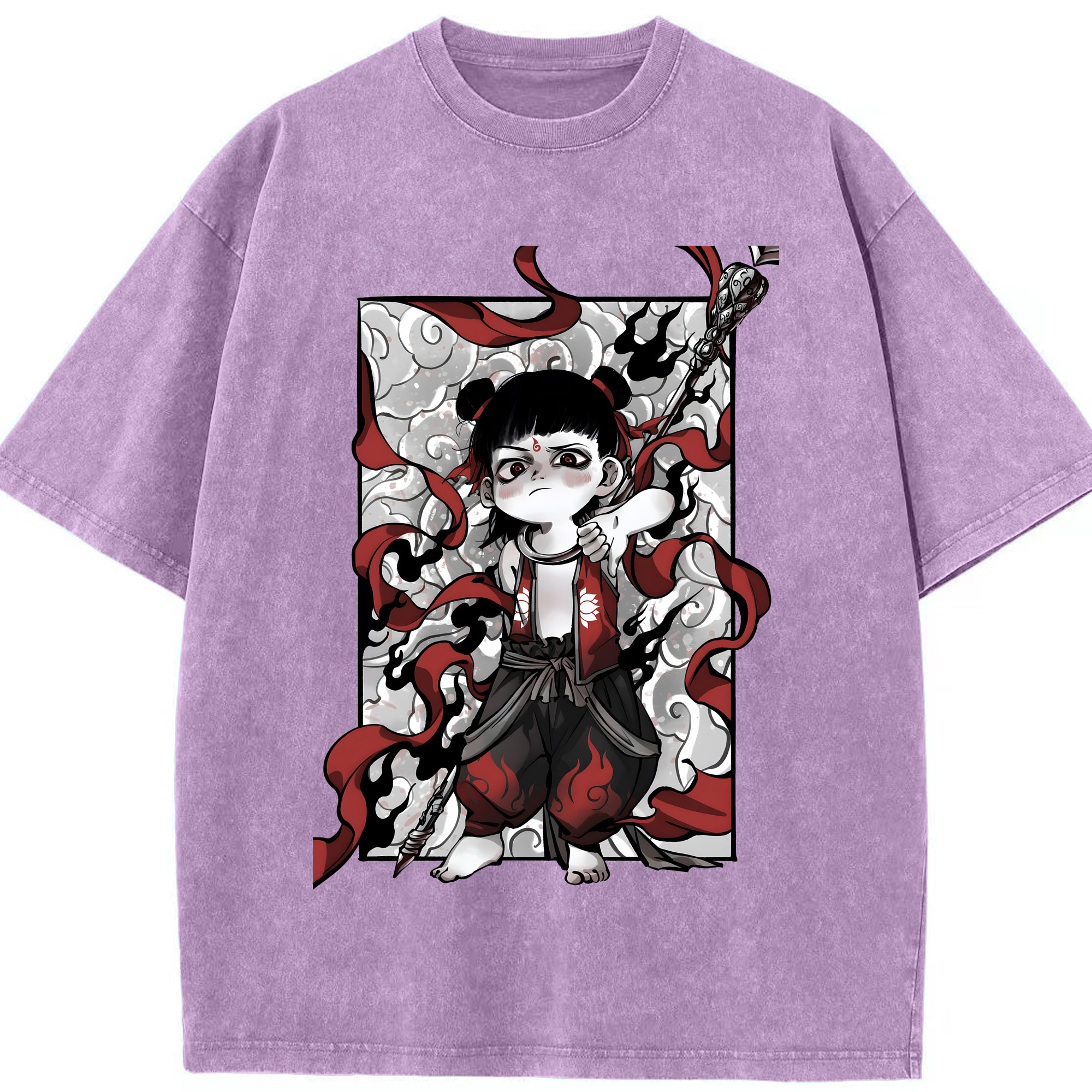 （画像用） Ne Zha 2 ナタ 魔童の大暴れ 綿100% ヴィンテージ風 半袖Tシャツ（フロントプリント）