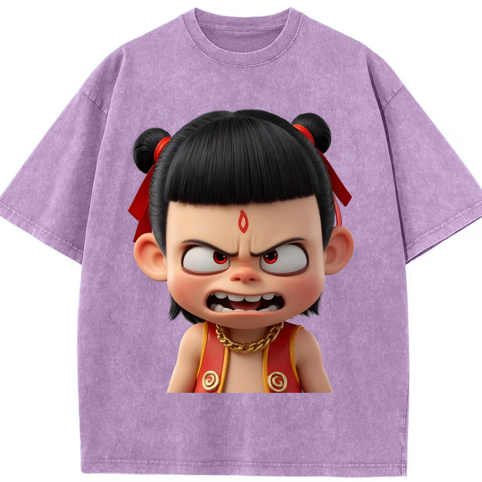 （画像用） Ne Zha 2 ナタ 魔童の大暴れ 綿100% ヴィンテージ風 半袖Tシャツ（フロントプリント）