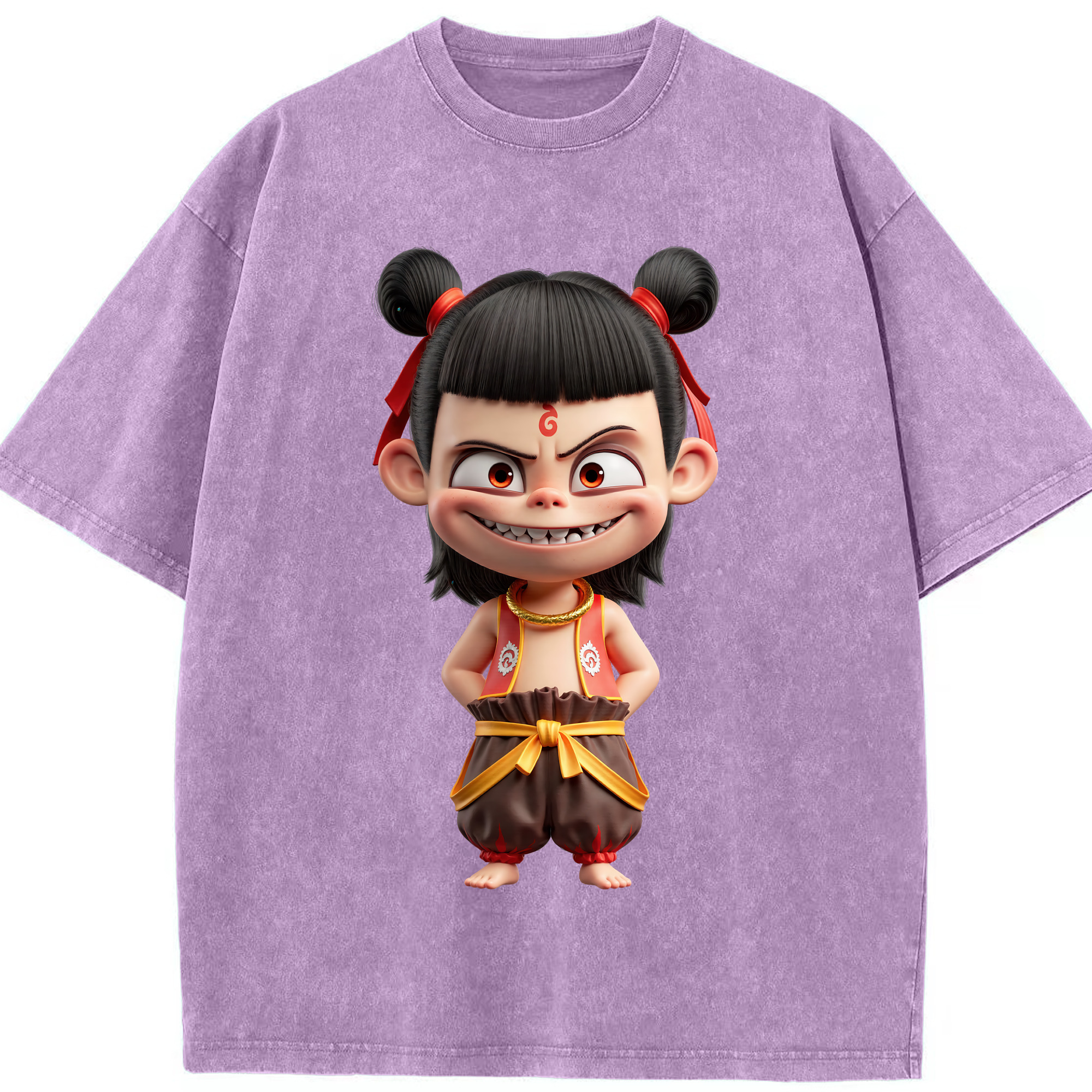 （画像用） Ne Zha 2 ナタ 魔童の大暴れ 綿100% ヴィンテージ風 半袖Tシャツ（フロントプリント）