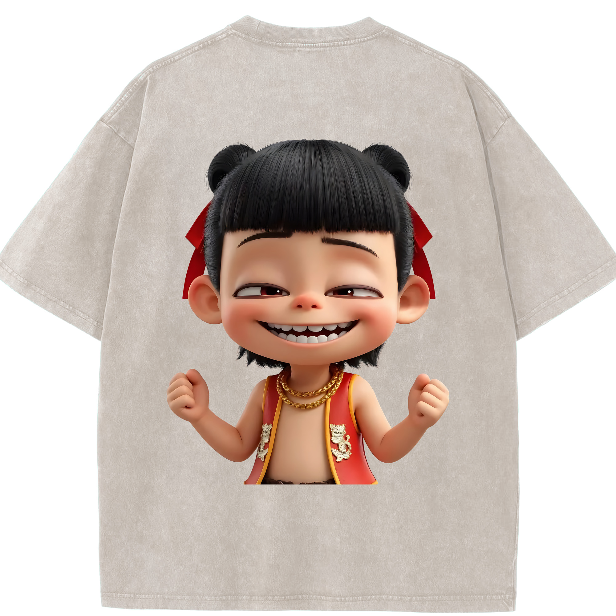 （画像用） Ne Zha 2 ナタ 魔童の大暴れ 綿100% ヴィンテージ風 半袖Tシャツ（背面プリント）