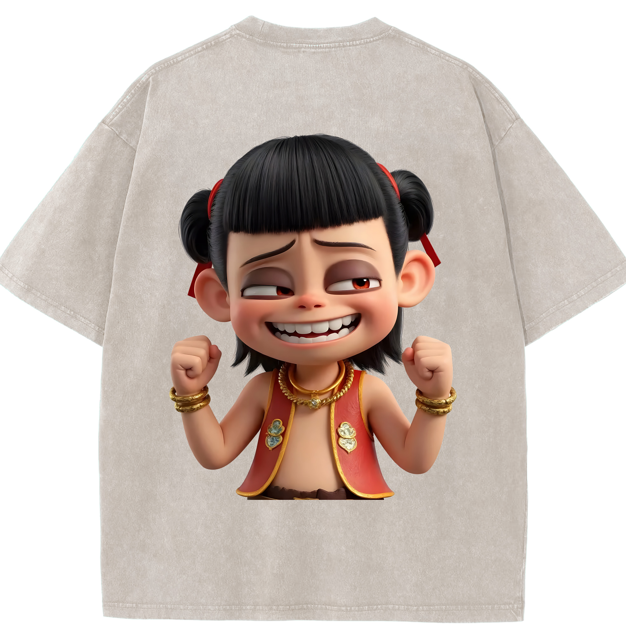 （画像用） Ne Zha 2 ナタ 魔童の大暴れ 綿100% ヴィンテージ風 半袖Tシャツ（背面プリント）