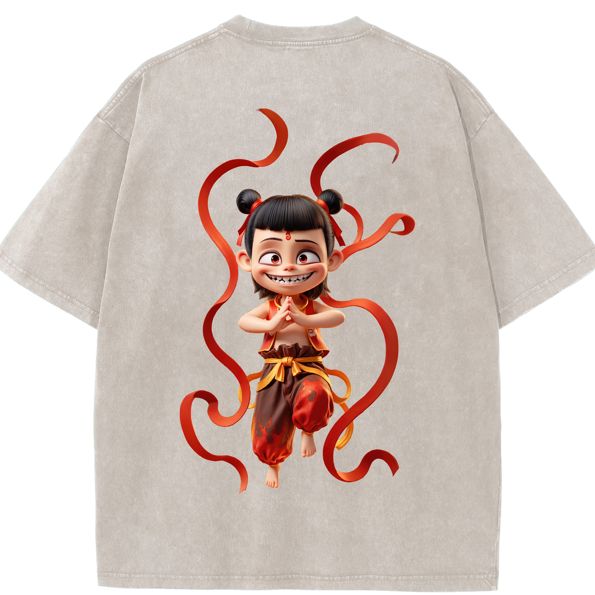 （画像用） Ne Zha 2 ナタ 魔童の大暴れ 綿100% ヴィンテージ風 半袖Tシャツ（背面プリント）