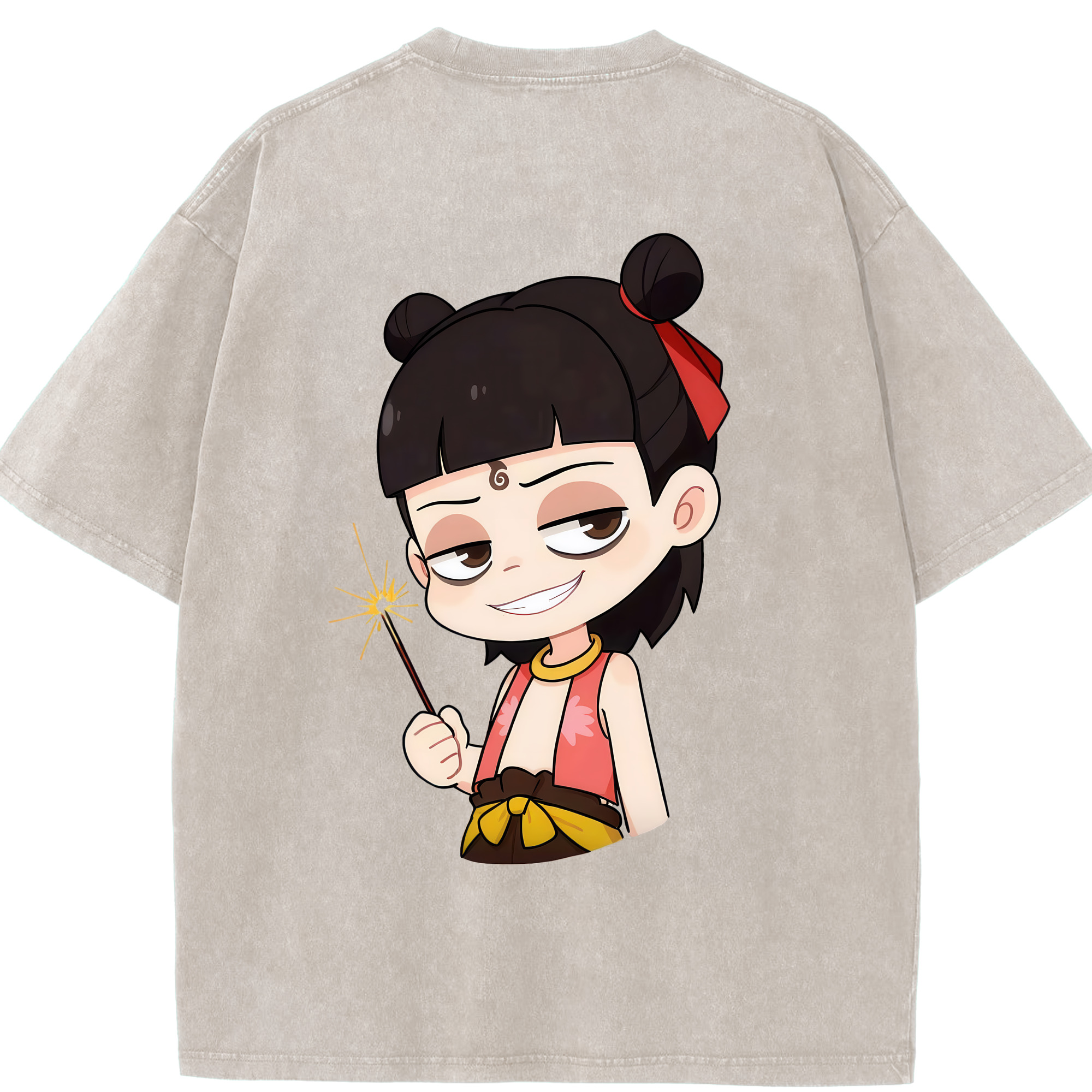 （画像用） Ne Zha 2 ナタ 魔童の大暴れ 綿100% ヴィンテージ風 半袖Tシャツ（背面プリント）