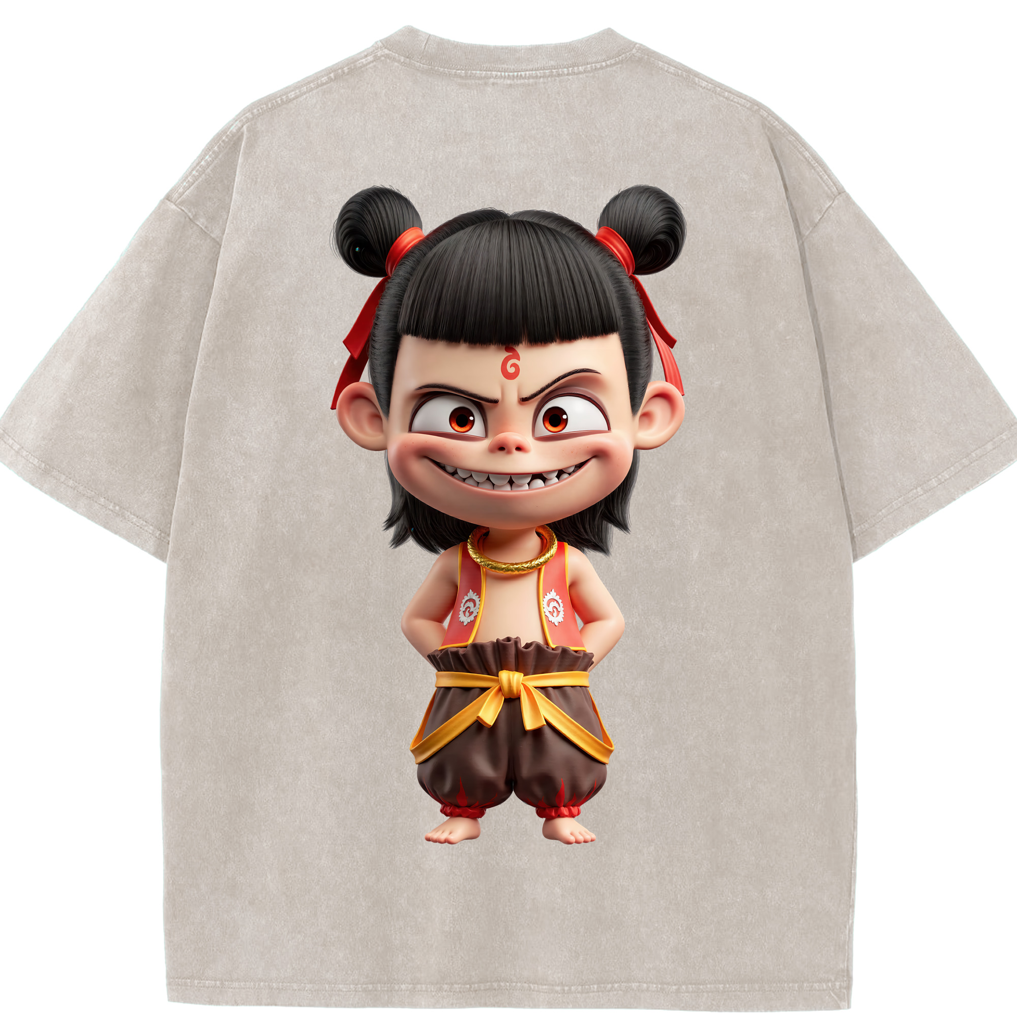 （画像用） Ne Zha 2 ナタ 魔童の大暴れ 綿100% ヴィンテージ風 半袖Tシャツ（背面プリント）