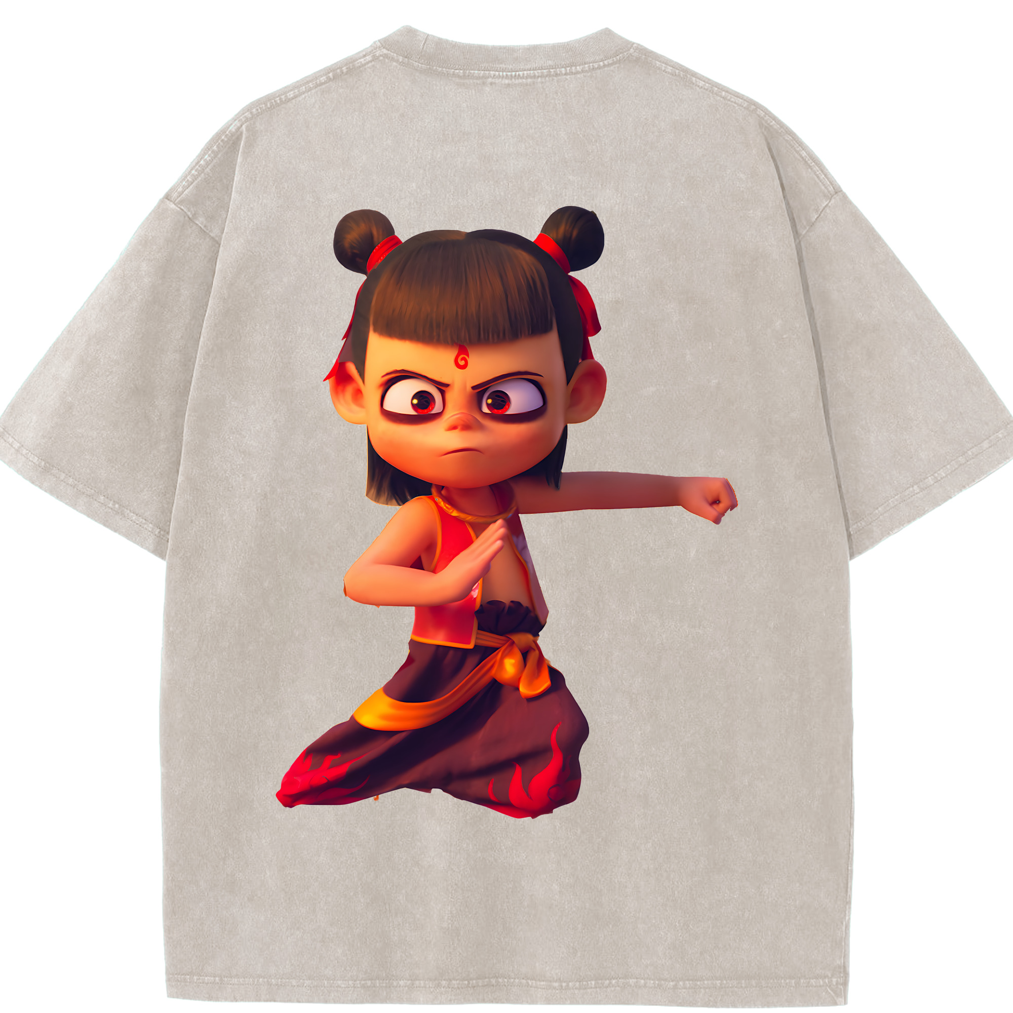 （画像用） Ne Zha 2 ナタ 魔童の大暴れ 綿100% ヴィンテージ風 半袖Tシャツ（背面プリント）