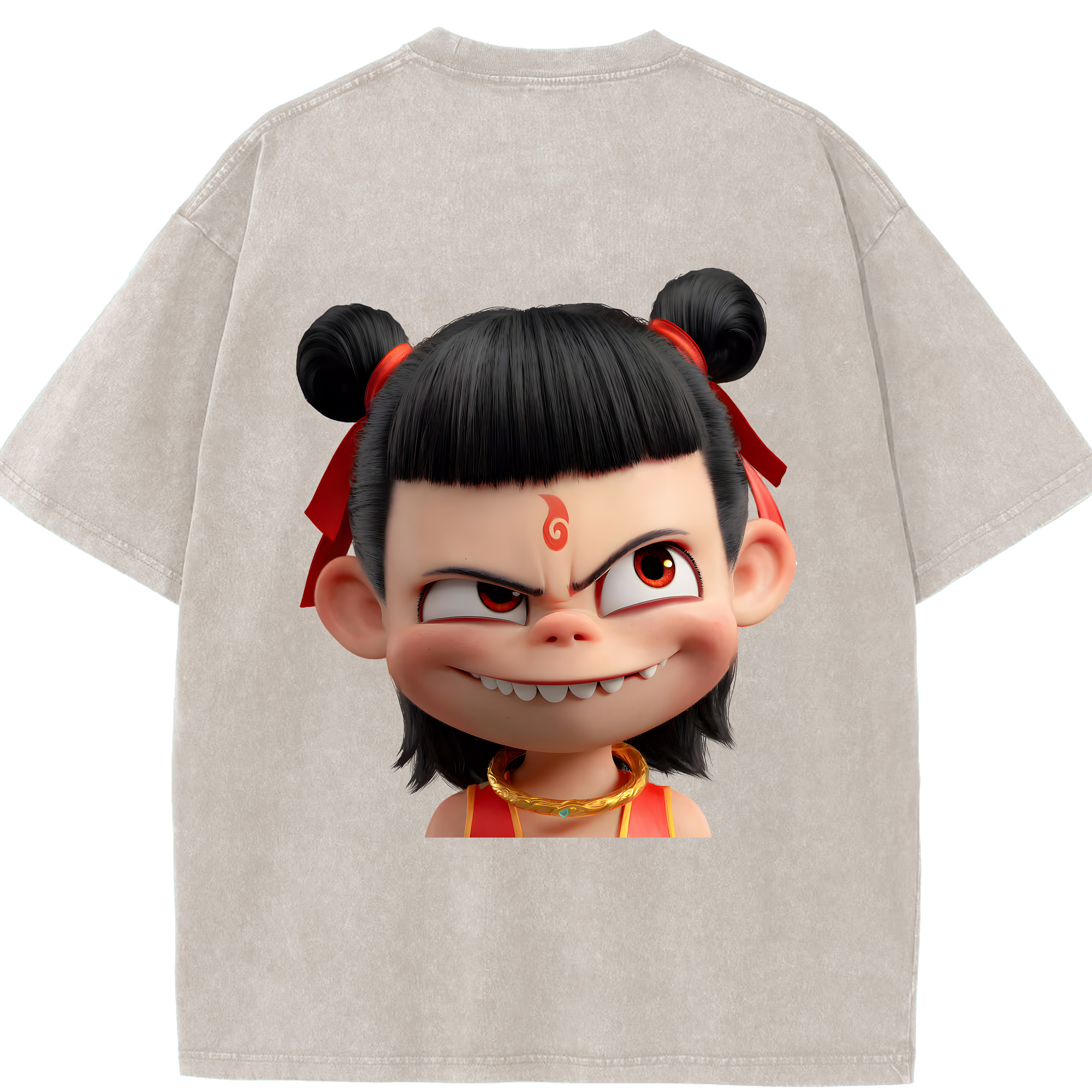 （画像用） Ne Zha 2 ナタ 魔童の大暴れ 綿100% ヴィンテージ風 半袖Tシャツ（背面プリント）