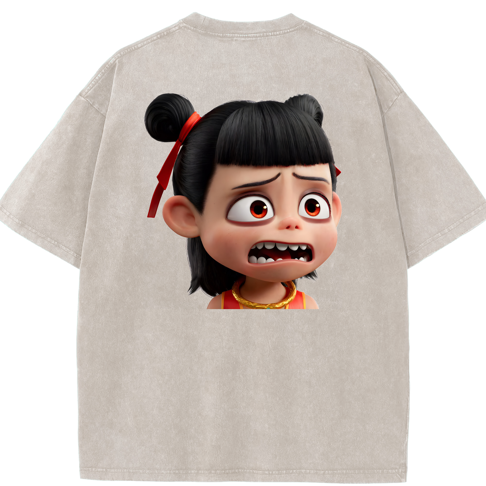 （画像用） Ne Zha 2 ナタ 魔童の大暴れ 綿100% ヴィンテージ風 半袖Tシャツ（背面プリント）