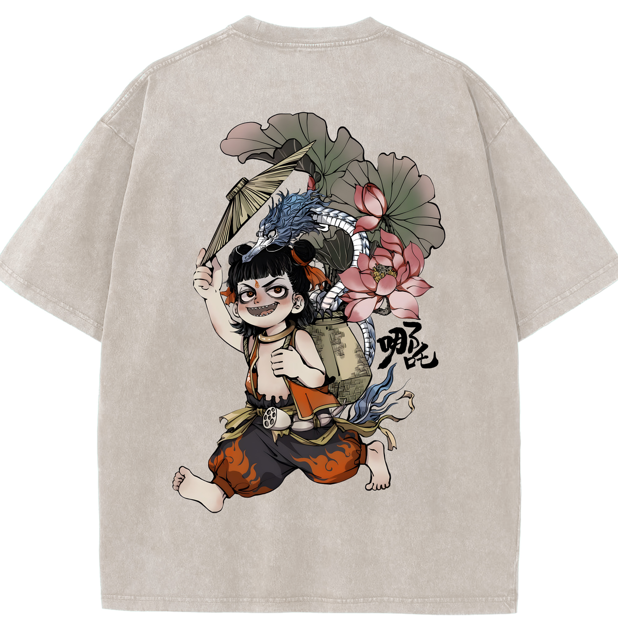 （画像用） Ne Zha 2 ナタ 魔童の大暴れ 綿100% ヴィンテージ風 半袖Tシャツ（背面プリント）