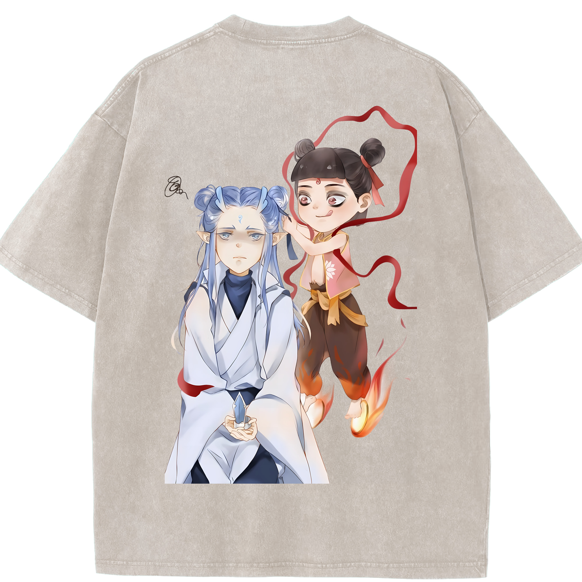 （画像用） Ne Zha 2 ナタ 魔童の大暴れ 綿100% ヴィンテージ風 半袖Tシャツ（背面プリント）