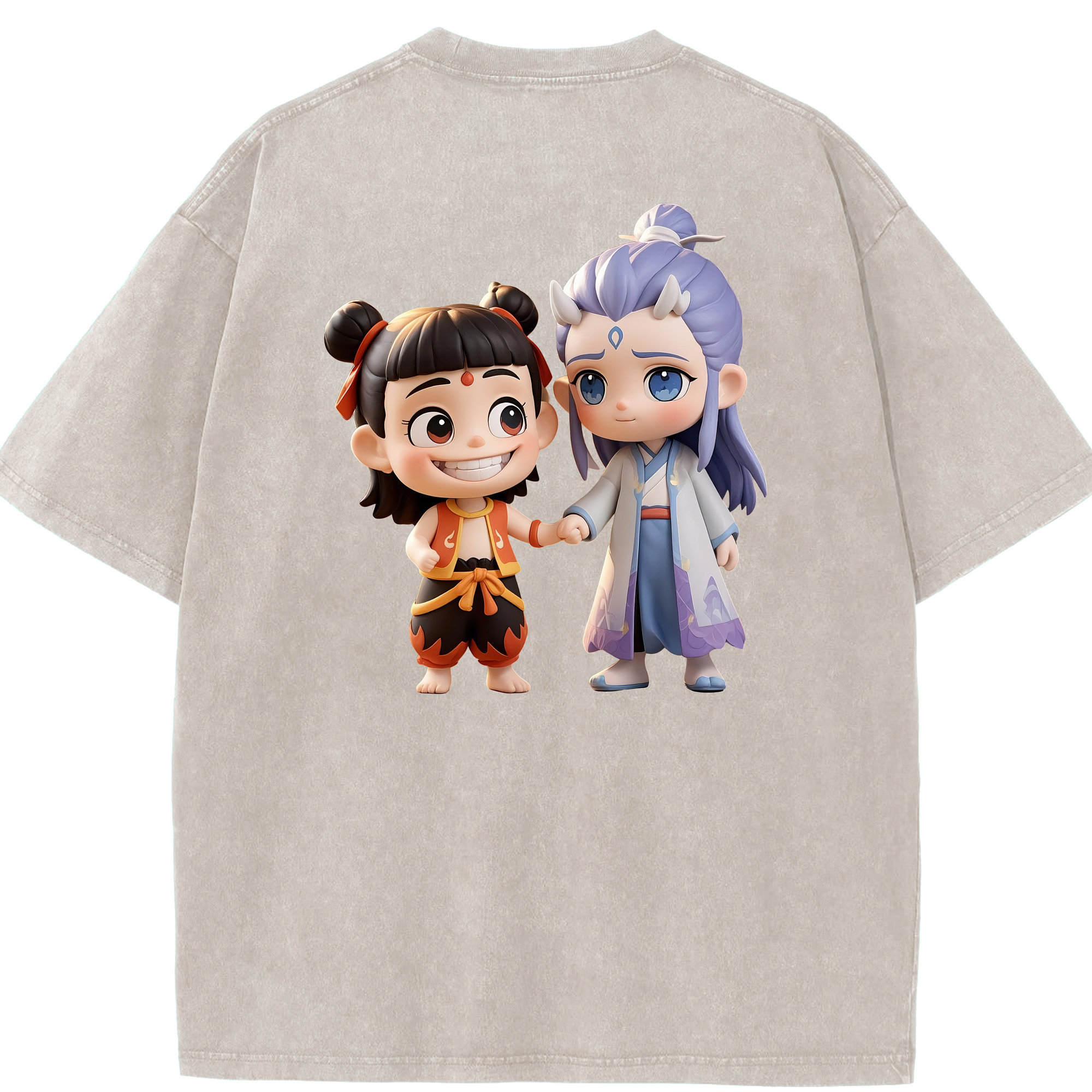 （画像用） Ne Zha 2 ナタ 魔童の大暴れ 綿100% ヴィンテージ風 半袖Tシャツ（背面プリント）