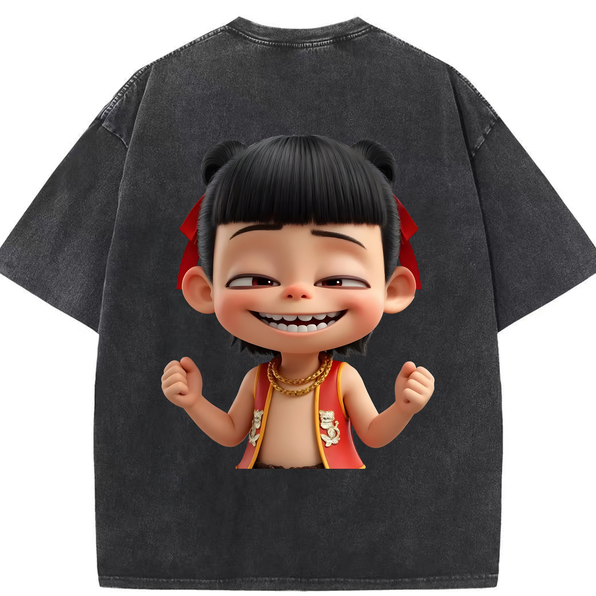 （画像用） Ne Zha 2 ナタ 魔童の大暴れ 綿100% ヴィンテージ風 半袖Tシャツ（背面プリント）
