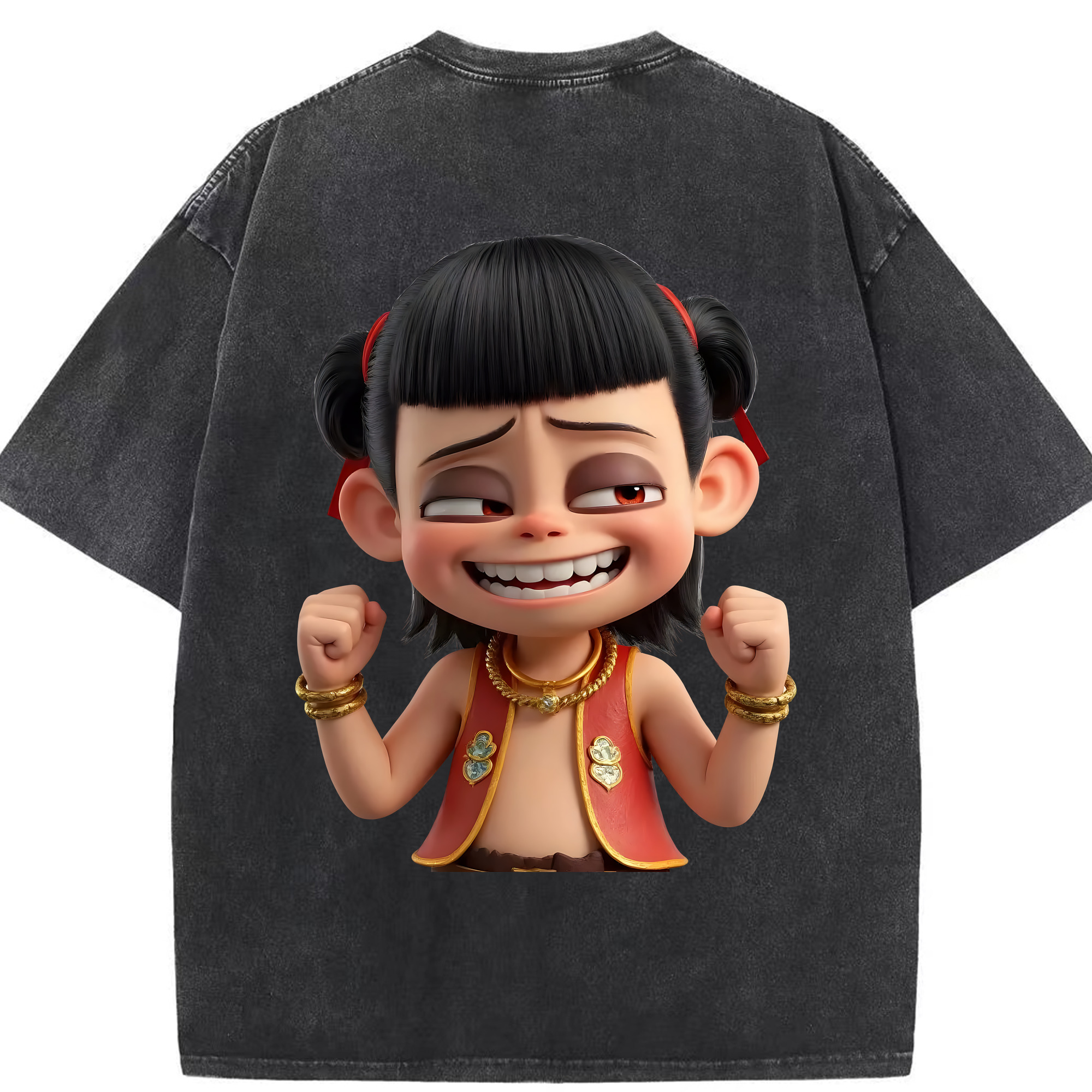 （画像用） Ne Zha 2 ナタ 魔童の大暴れ 綿100% ヴィンテージ風 半袖Tシャツ（背面プリント）