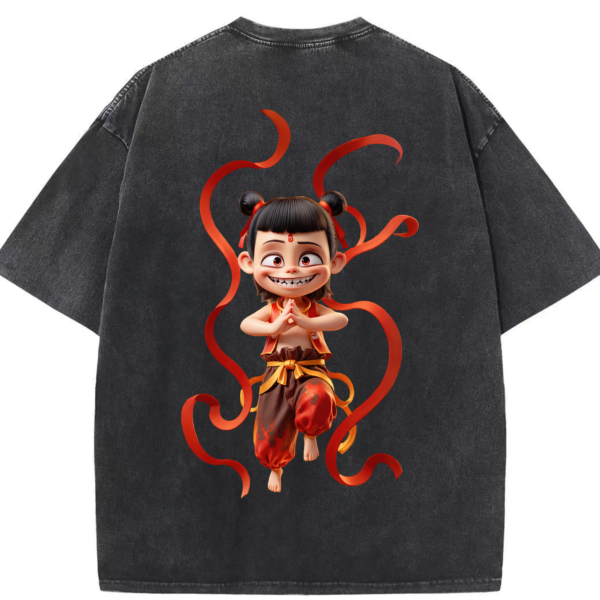 （画像用） Ne Zha 2 ナタ 魔童の大暴れ 綿100% ヴィンテージ風 半袖Tシャツ（背面プリント）