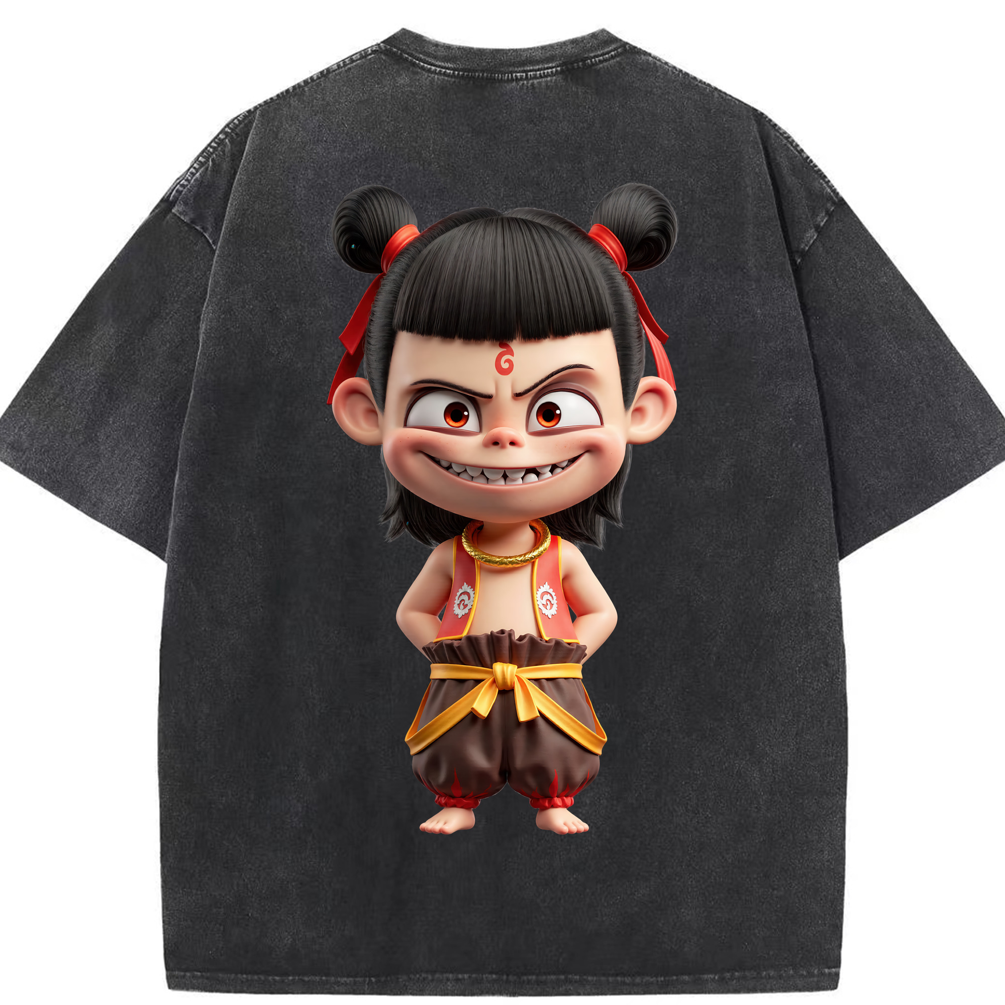 （画像用） Ne Zha 2 ナタ 魔童の大暴れ 綿100% ヴィンテージ風 半袖Tシャツ（背面プリント）