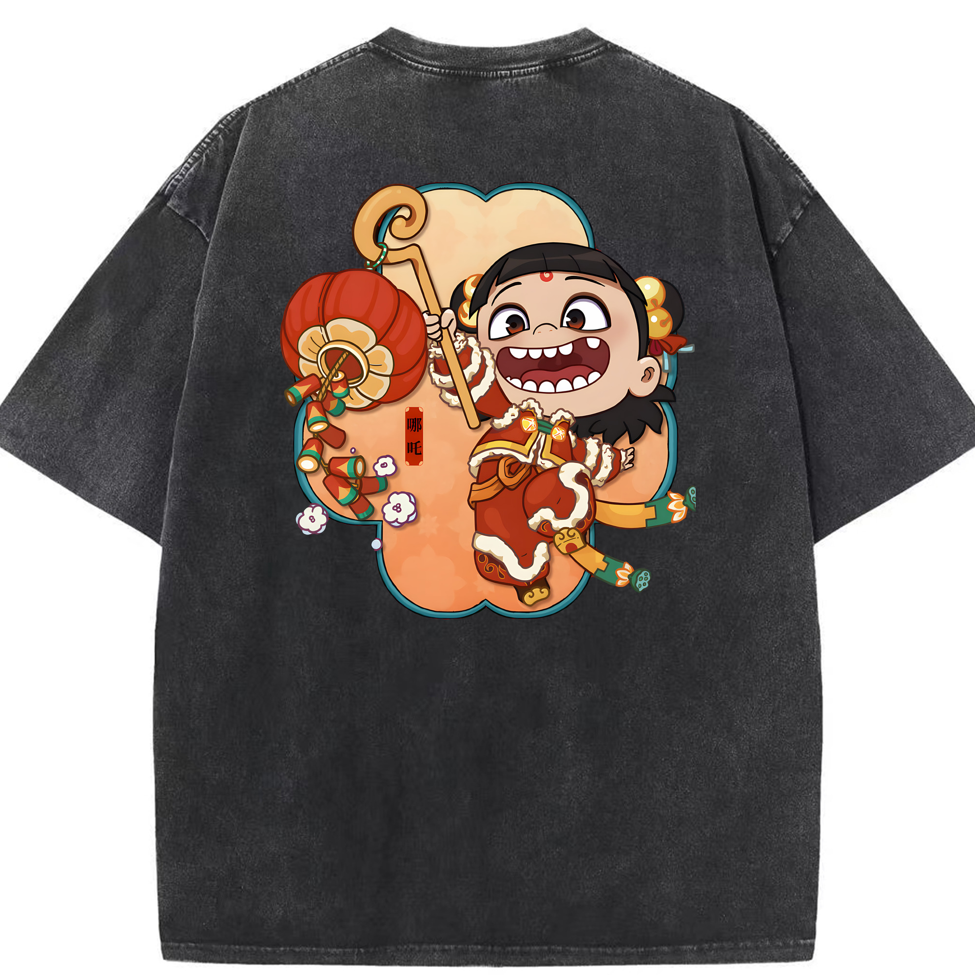 （画像用） Ne Zha 2 ナタ 魔童の大暴れ 綿100% ヴィンテージ風 半袖Tシャツ（背面プリント）